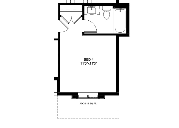 Floor plan of a bedroom with attached bathroom, labeled 'BED 4,' measuring 11 feet by 11 feet 3 inches, with a door leading to an outdoor area.