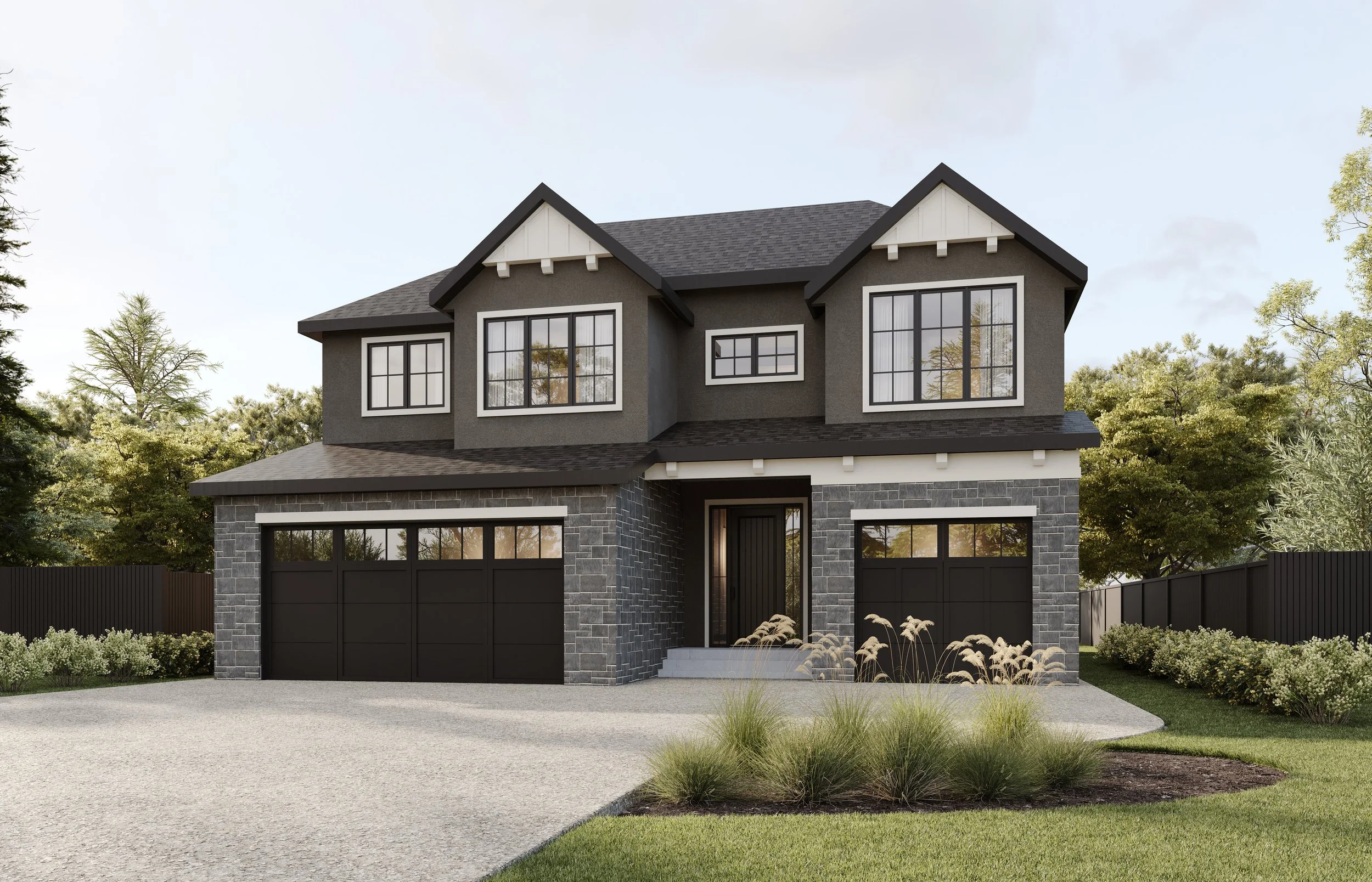 A modern two-story house with gray stucco and stone exterior, black garage doors, and a small front porch surrounded by landscaped lawn and bushes.