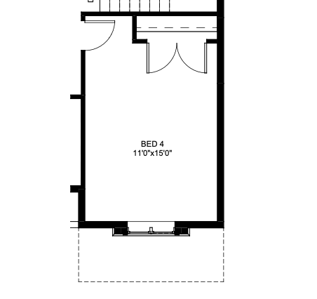 Floor plan of a bedroom labeled 'Bed 4', measuring 11'0" by 15'0" with two closets and a door leading outside.