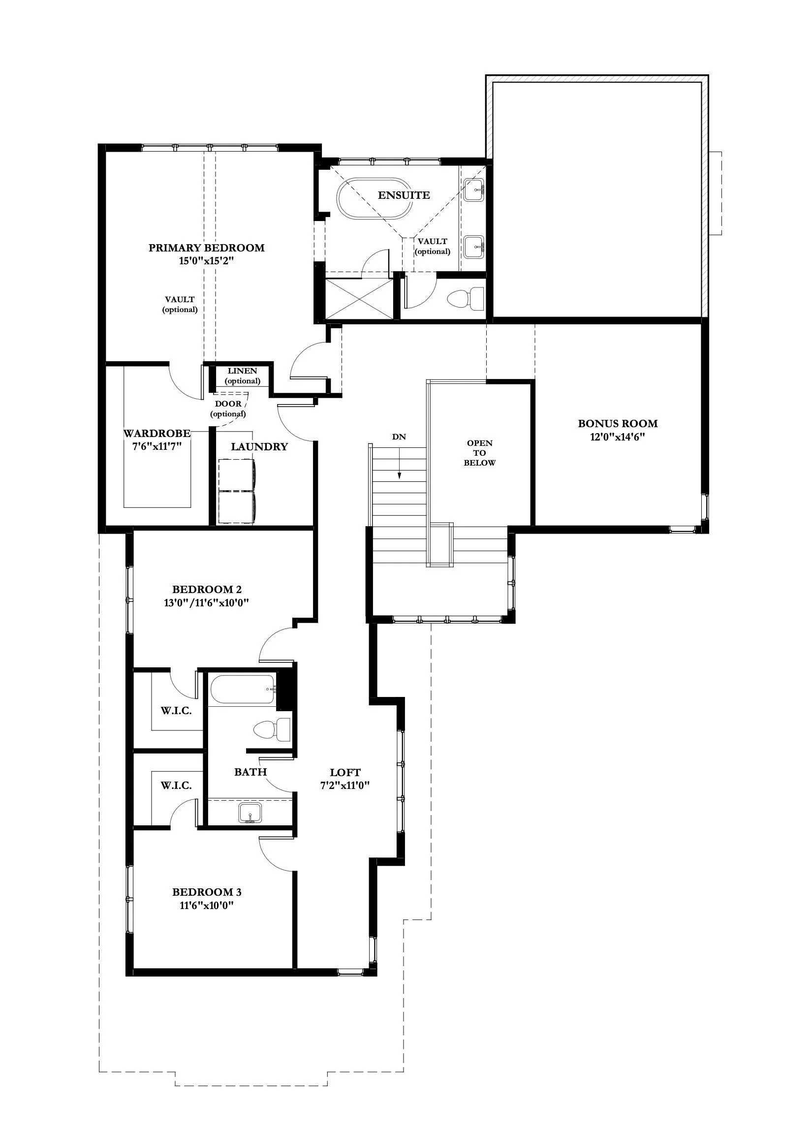 Floor plan of a house's upper level showing three bedrooms, two bathrooms, a loft, a bonus room, laundry, and wardrobe areas.