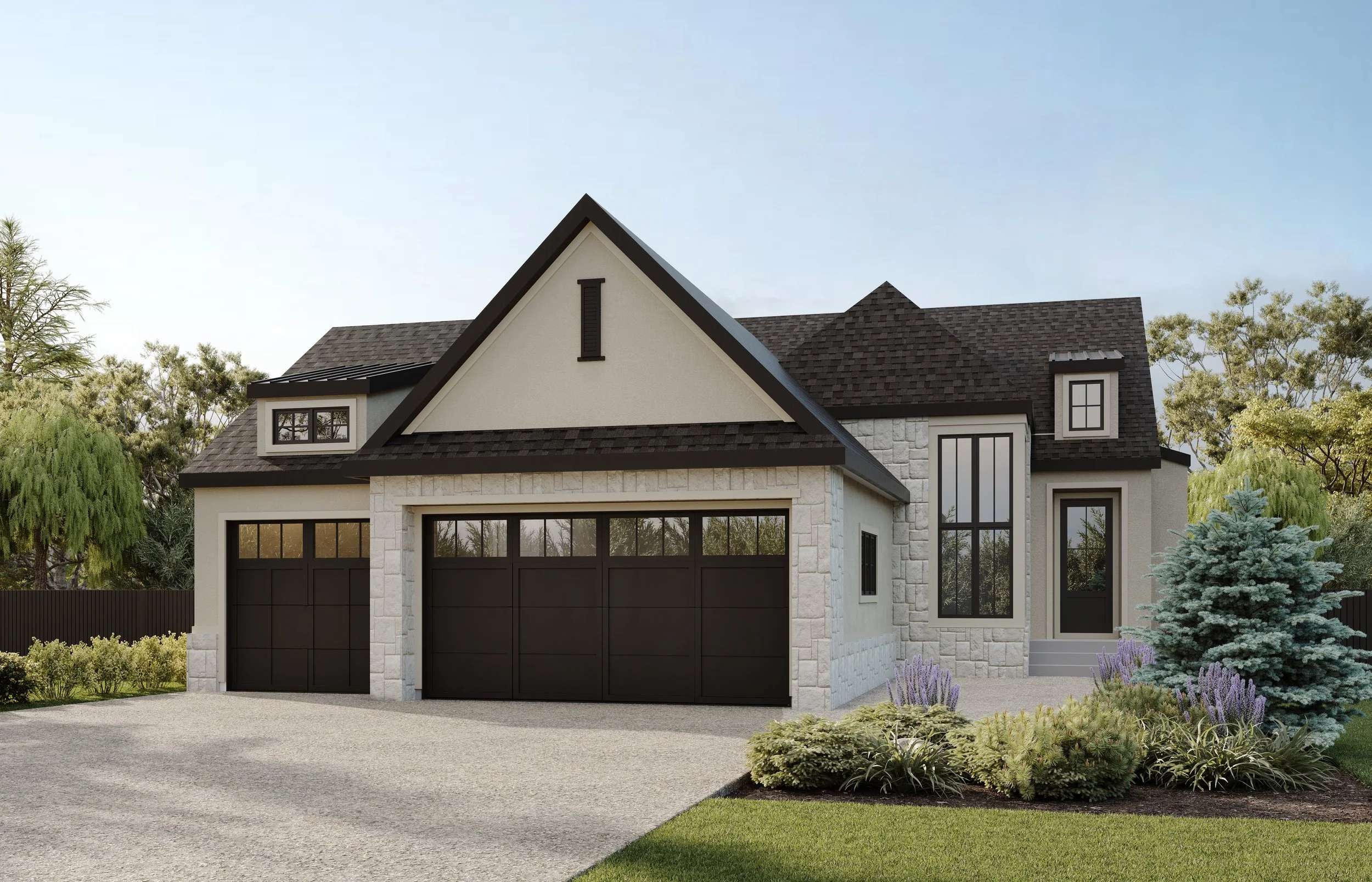 Modern house with a dark tiled roof, white stone facade, large windows, and a landscaped front yard with bushes and a small tree.