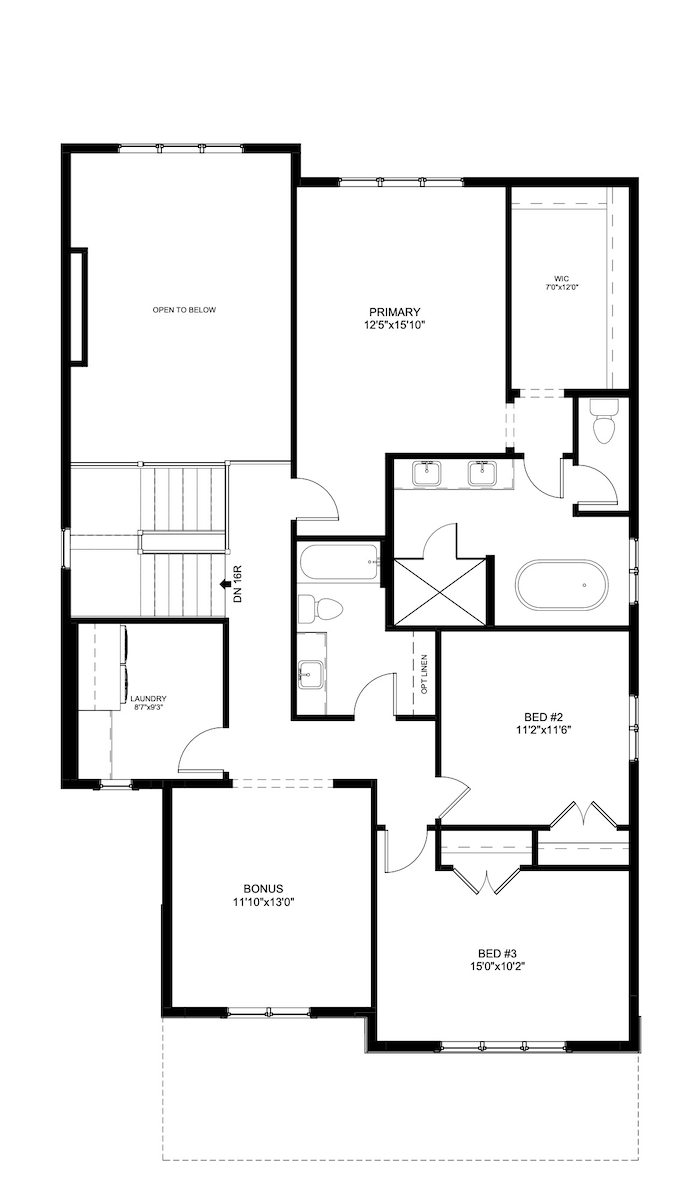 Floor plan of a house showing three bedrooms, a bonus room, a laundry room, bathrooms, a walk-in closet, and an open space below.