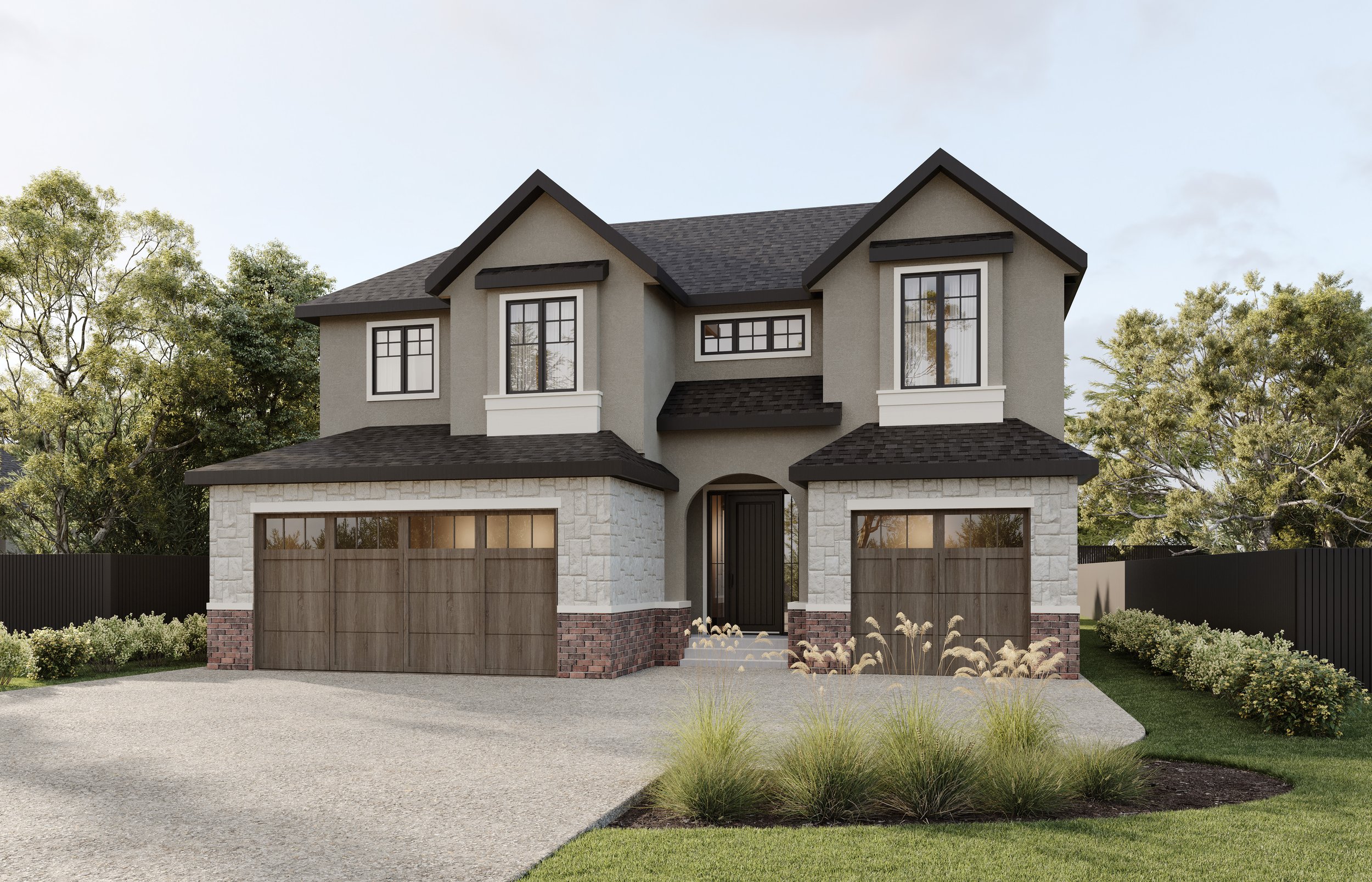 Front view of a modern two-story house with a garage, stone and siding exterior, and landscaped lawn with bushes and trees.