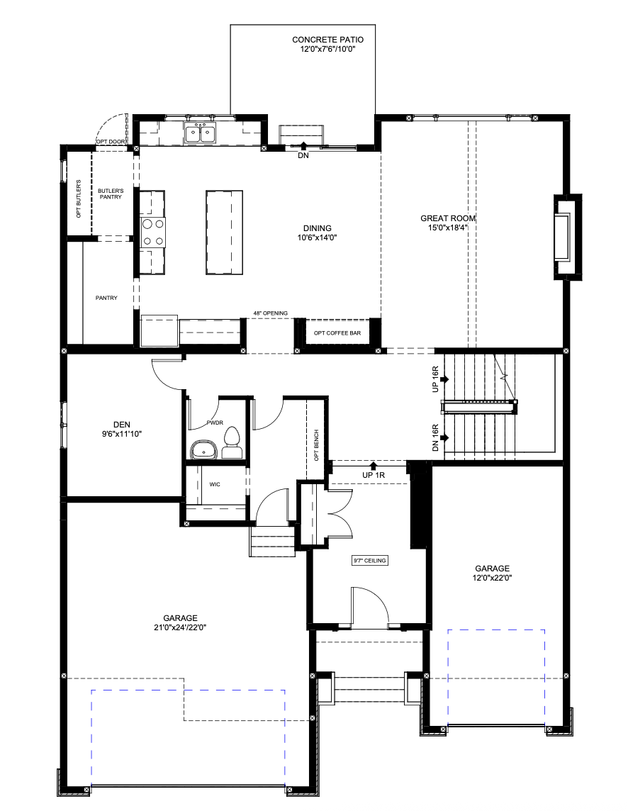Floor plan of a house showing two garages, a den, a bathroom, a walk-in closet, a dining area, a great room, a kitchen with butler's pantry and optional butler's door, stairs, and a concrete patio outside.