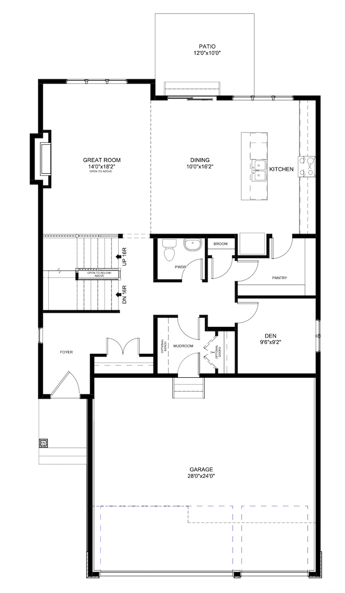 Floor plan of a house showing a great room, dining area, kitchen, patio, garage, den, mudroom, pantry, foyer, half bathroom, staircases, and utility rooms.