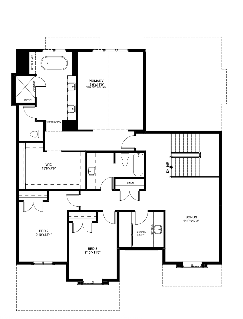 Floor plan of a house's upper level featuring bedrooms, bathrooms, a bonus room, laundry area, walk-in closet, and stairs.