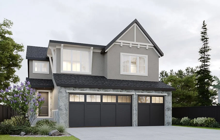 Modern two-story house with gray exterior, black garage doors, and stone accents, surrounded by landscaping and trees.