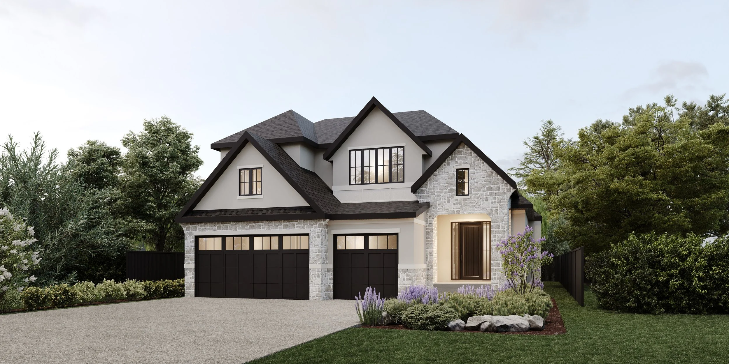 A modern two-story house with pitched black roofs, white and stone exterior, large windows, a two-car garage, and a landscaped front yard with bushes, purple flowers, and a gravel driveway.