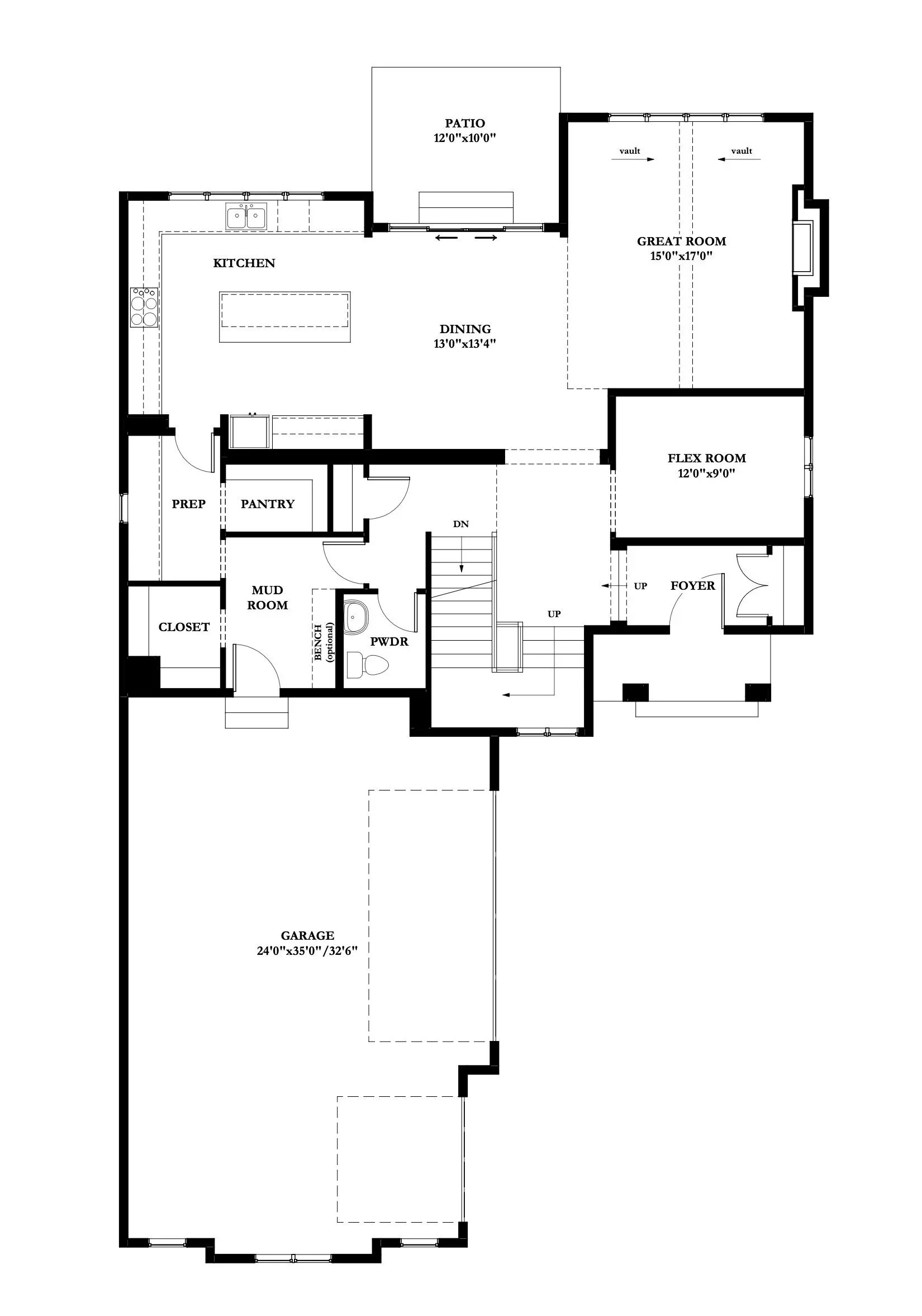 Floor plan of a house with labeled rooms including a garage, foyer, flex room, great room, dining area, kitchen, patio, prep area, pantry, mudroom, closet, and a powder room, with staircase details.