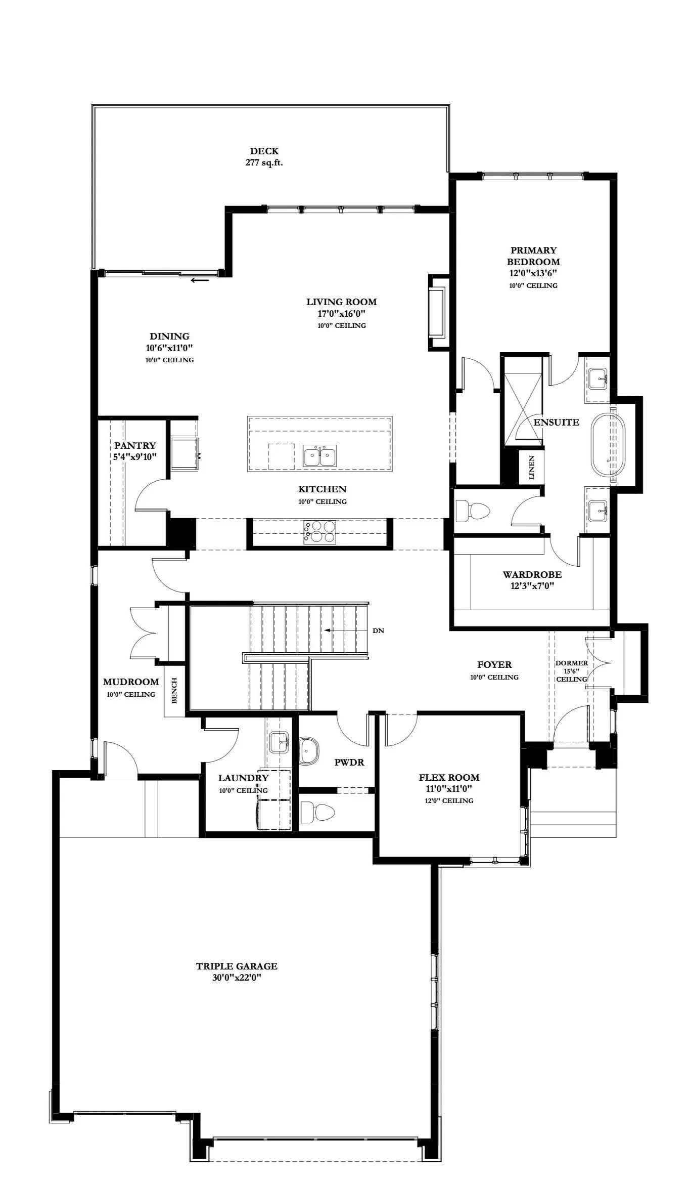 A detailed floor plan of a house showing various rooms including a living room, kitchen, primary bedroom with ensuite bathroom, laundry room, flex room, triple garage, deck, and multiple other spaces with labeled dimensions.