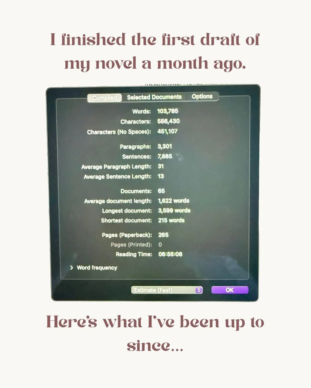 I finished the first draft of my first novel a month ago, had a (happy) cry, and then went and lived my life.

I knew I&rsquo;d need to take some time away from it to create distance to come back to it with fresh eyes, and I think I&rsquo;m finally g