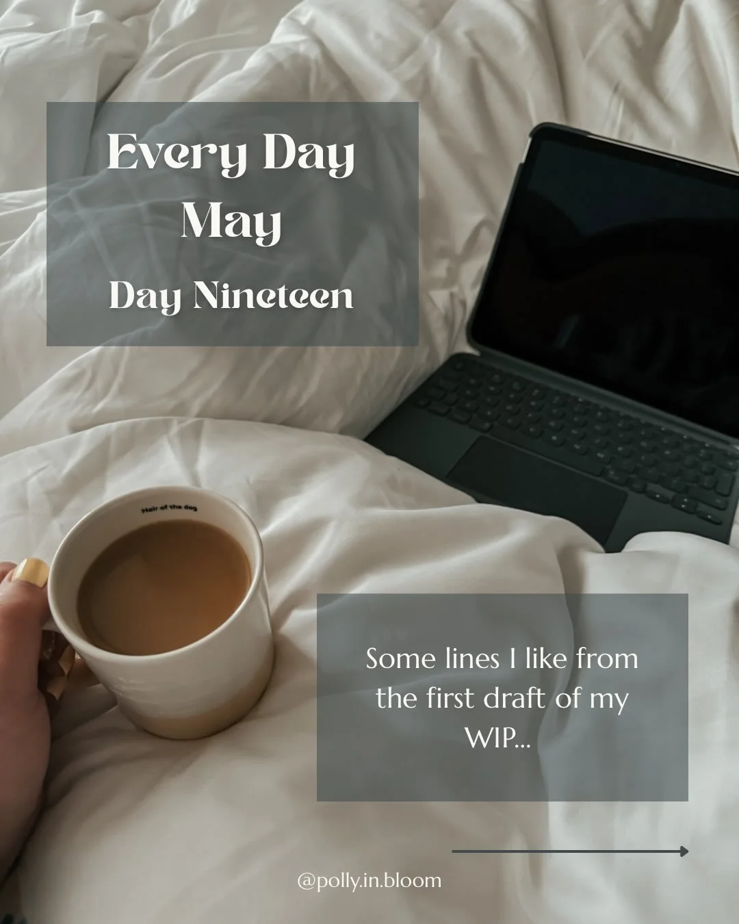 Day Nineteen of Every Day May is here!

I thought I&rsquo;d finally challenge myself to share a few short lines from my WIP to try and get over my fear or people seeing my writing&mdash; after all, hopefully there will be a full book to read at some 