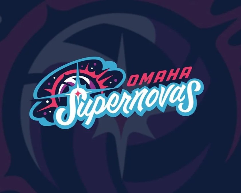 Logo for the Omaha Supernovas with a stylized galaxy and starburst graphic by Lindsey KM