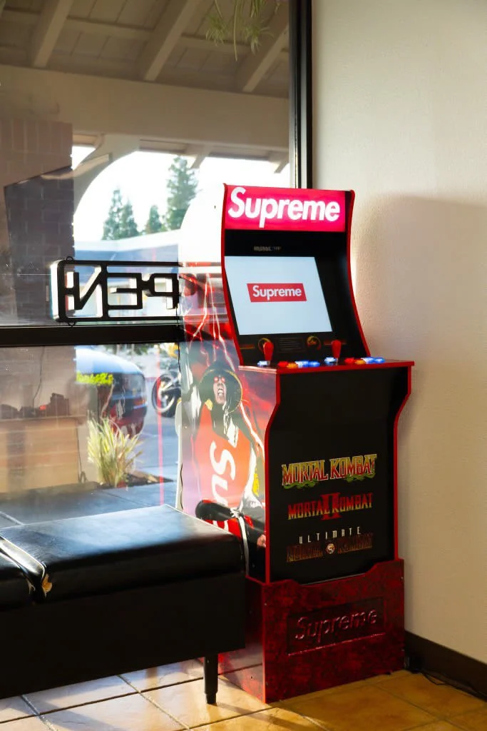 Arcade machine at XternalStudio loacated in Clovis, CA with Supreme branding