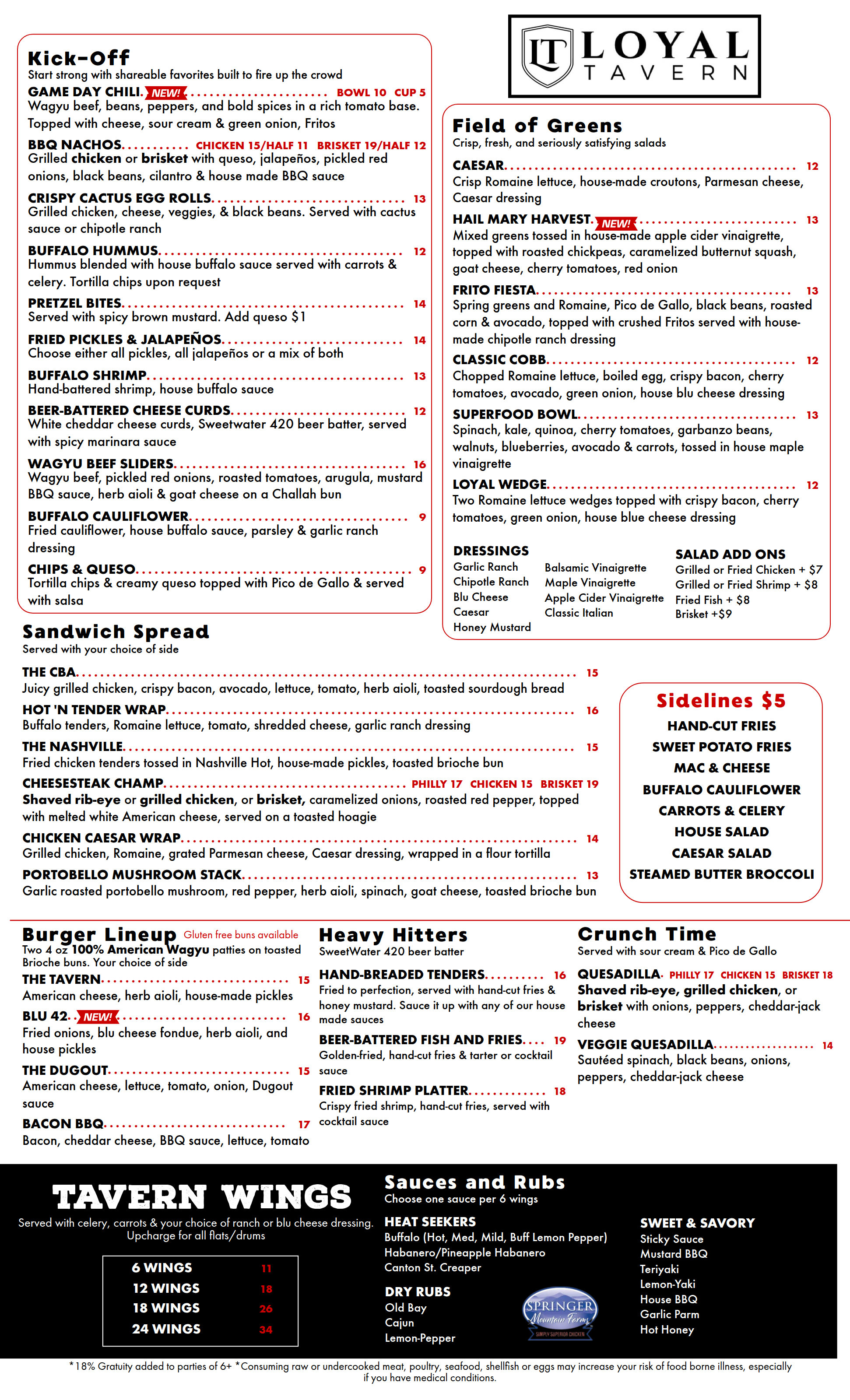 Menu featuring a variety of foods such as kick-off sharable favorites, game day chili, BBQ nachos, crispy cactus egg rolls, buffalo hummus, pretzel bites, fried pickles, buffalo shrimp, beer-battered cheese curds, wagyu beef sliders, buffalo cauliflower, chips & queso, and various sandwiches. Special sections include the Loyal Tavern, salad options, sideline snacks, burger lineup, heavy hitters, crunch time dishes, and sauces and rubs.