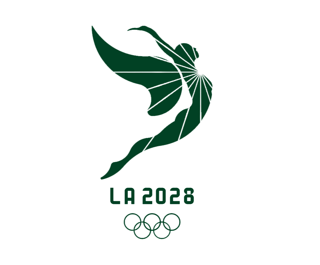 Official logo for LA Summer Olympics featuring a stylized woman's face enclosed in a flame shape, with 'Paris 2024' and five interlinked Olympic rings below. 