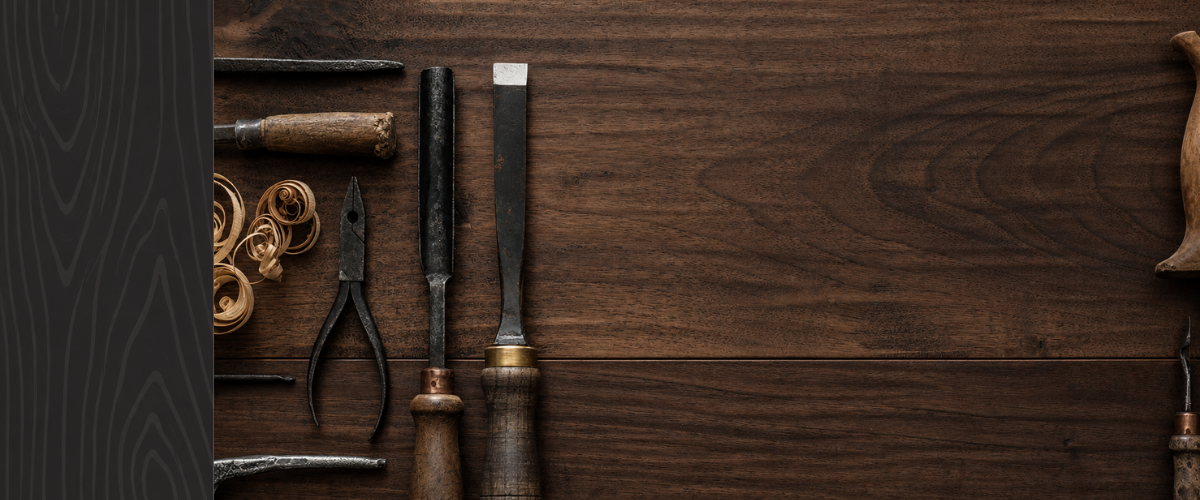 A collection of woodworking tools arranged on a wooden surface, including chisels, a hammer, and a pair of calipers.