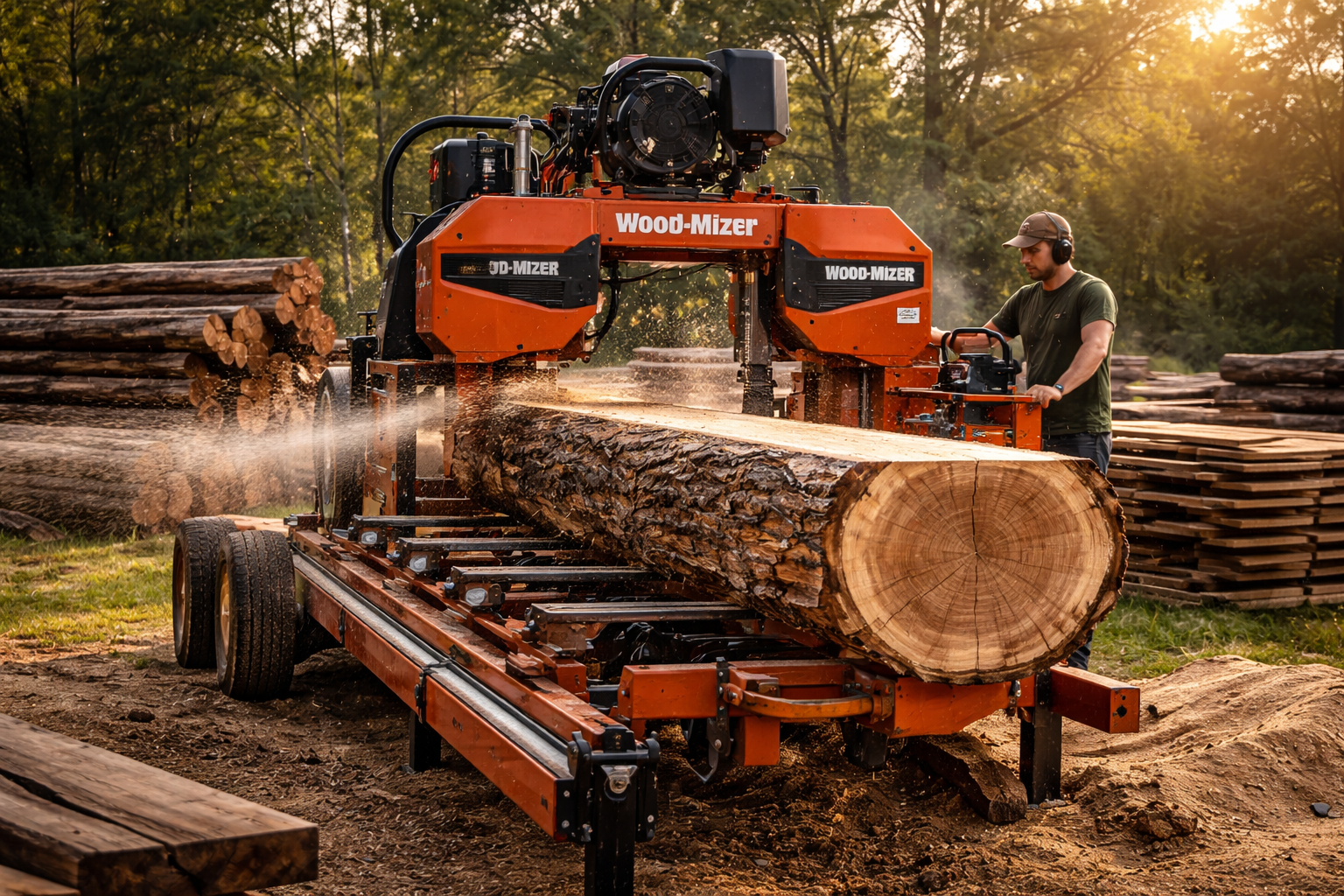 A man operating a Wood-Mizer sawmill that's cutting a large log into planks in a forest setting at sunset.