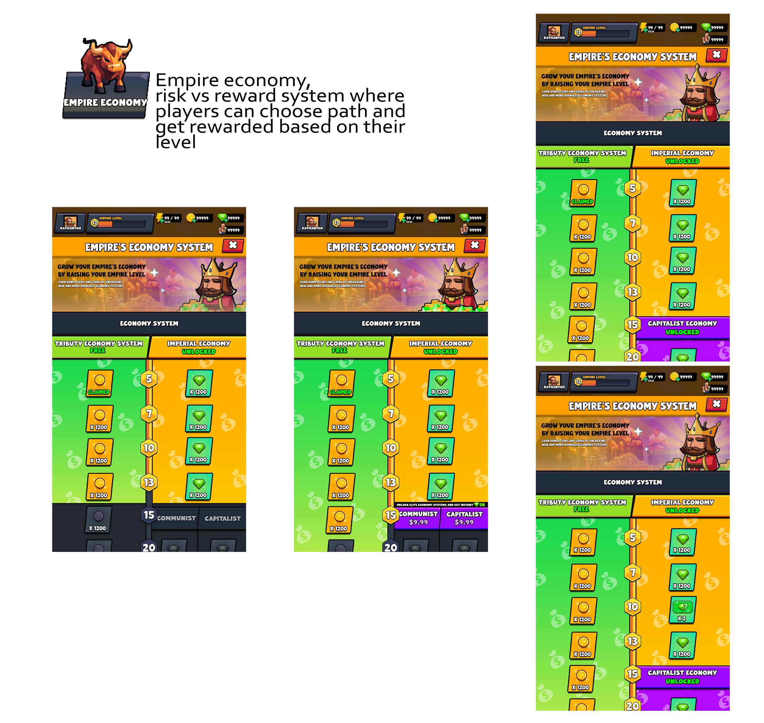 Empire Economy System game interface with various layouts and options, including tribute, imperial, and capitalist economy systems. Displays levels with currency values and unlock statuses.