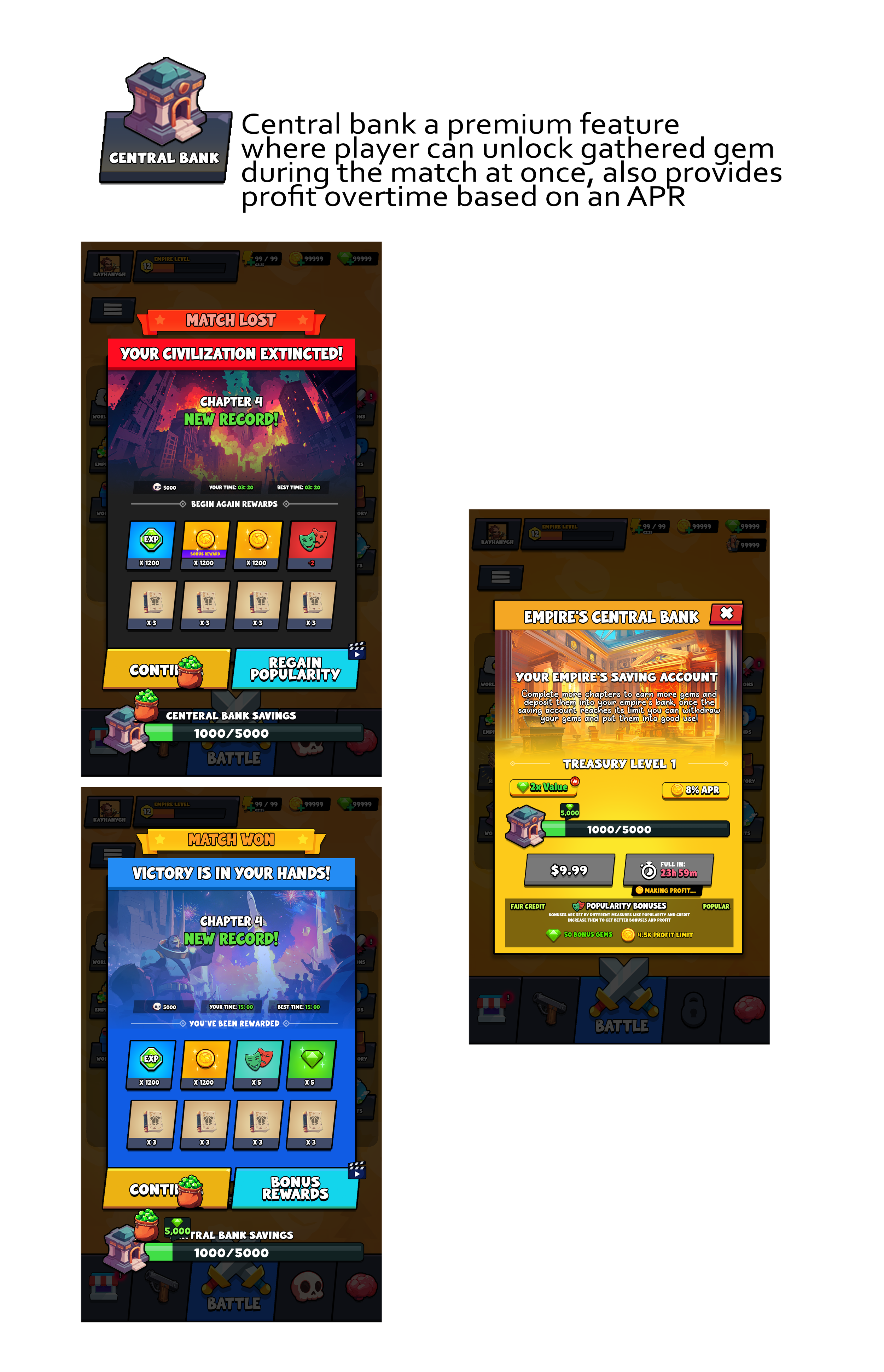 Screenshot from a mobile game showing a central bank feature, match results, and rewards screen. The top section describes the central bank functionality. Below, a "Match Lost" screen shows game rewards, and a "Match Won" screen displays different victory rewards. On the right, an "Empire's Central Bank" menu highlights treasury details and options to purchase credits.