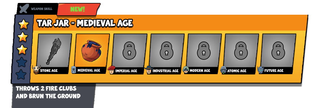 Game interface displaying weapon skill called "Tar Jar - Medieval Age." It shows progression through ages: Stone Age with a club, Medieval Age with a tar jar, and locked ages: Imperial, Industrial, Modern, Atomic, and Future. Text mentions "Throws 2 fire clubs and burn the ground."
