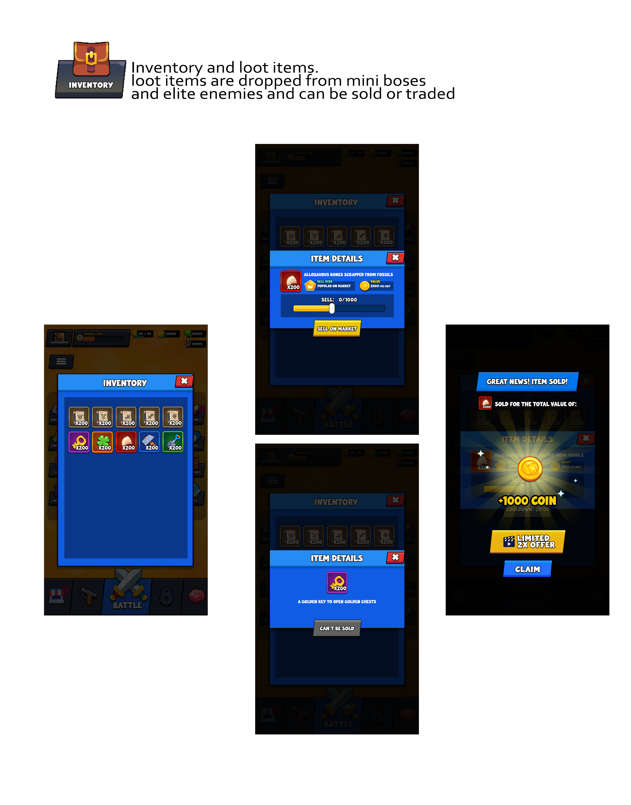 Game app inventory screen showing item details and sell options, including allowance bones and gold key; screens also depict selling items for coins.