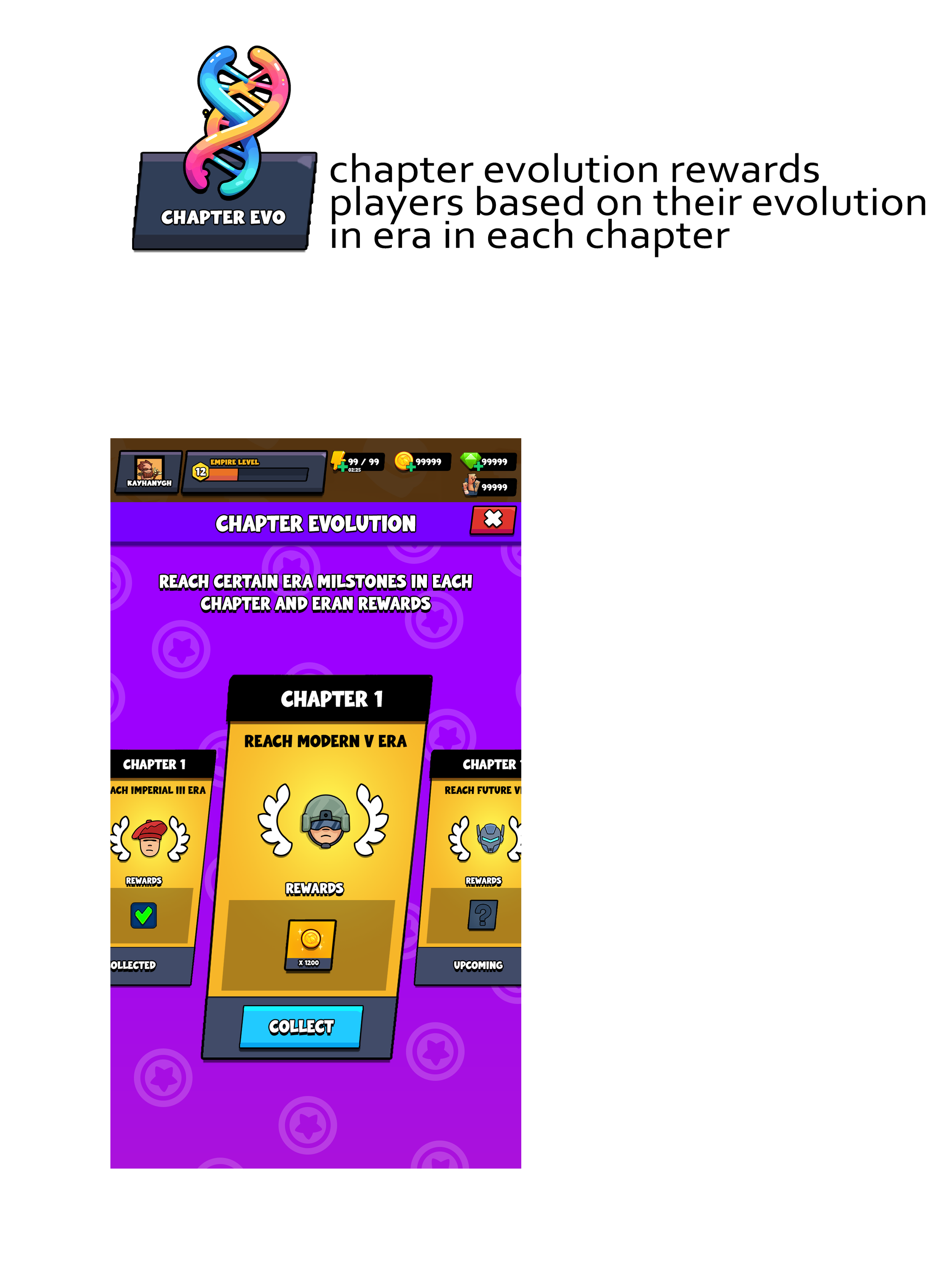 Mobile game screen showing "Chapter Evolution" feature with rewards for reaching milestones in various eras of chapter 1. Displays empire level, currency icons, and rewards for Modern V Era achievement.