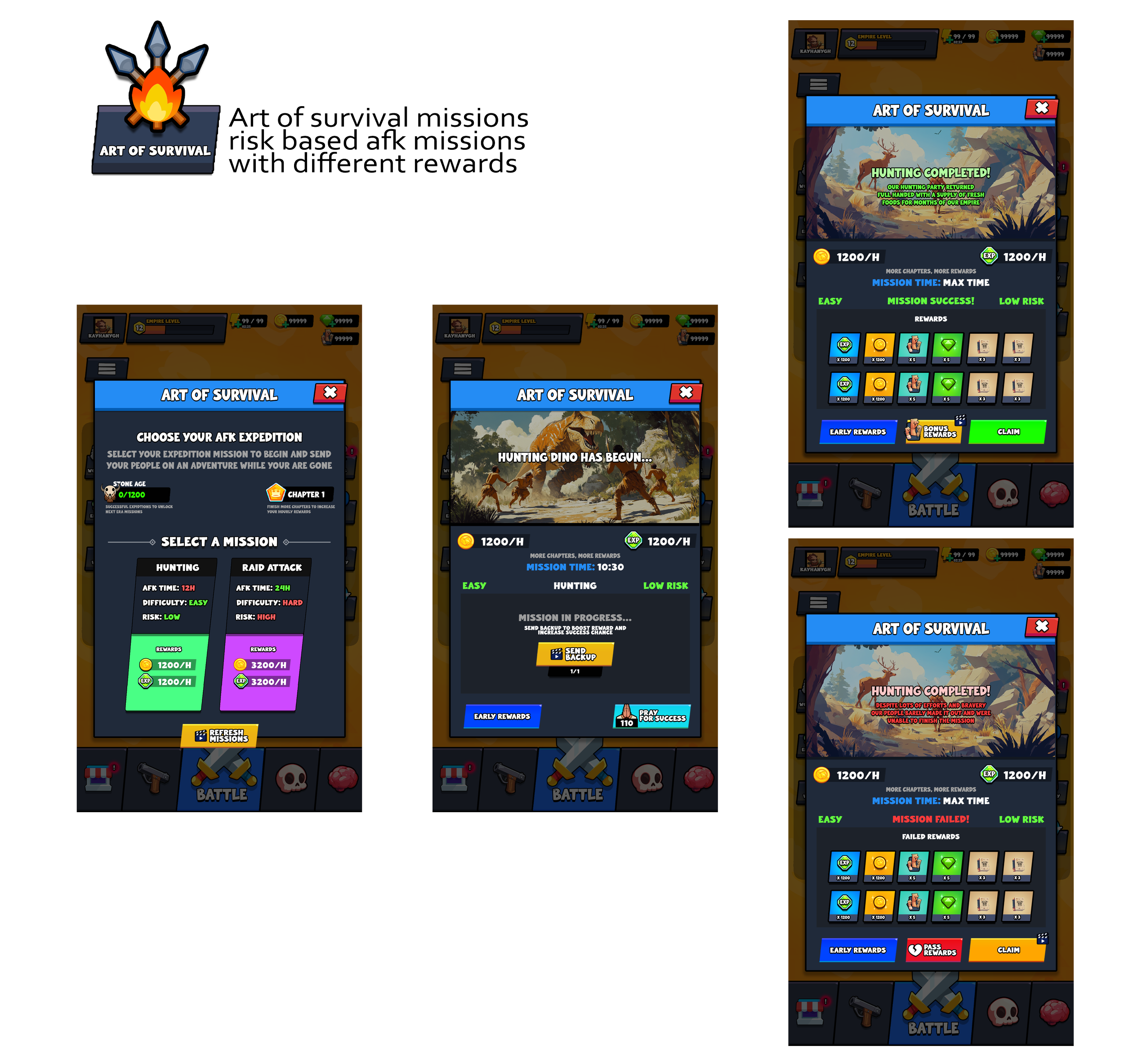 Screenshot of "Art of Survival" game interface showing AFK missions. Includes sections for selecting a mission type such as hunting or raid attack, with difficulty levels and potential rewards displayed. Consists of progress and completion status screens for missions, with options to claim rewards and view mission details.