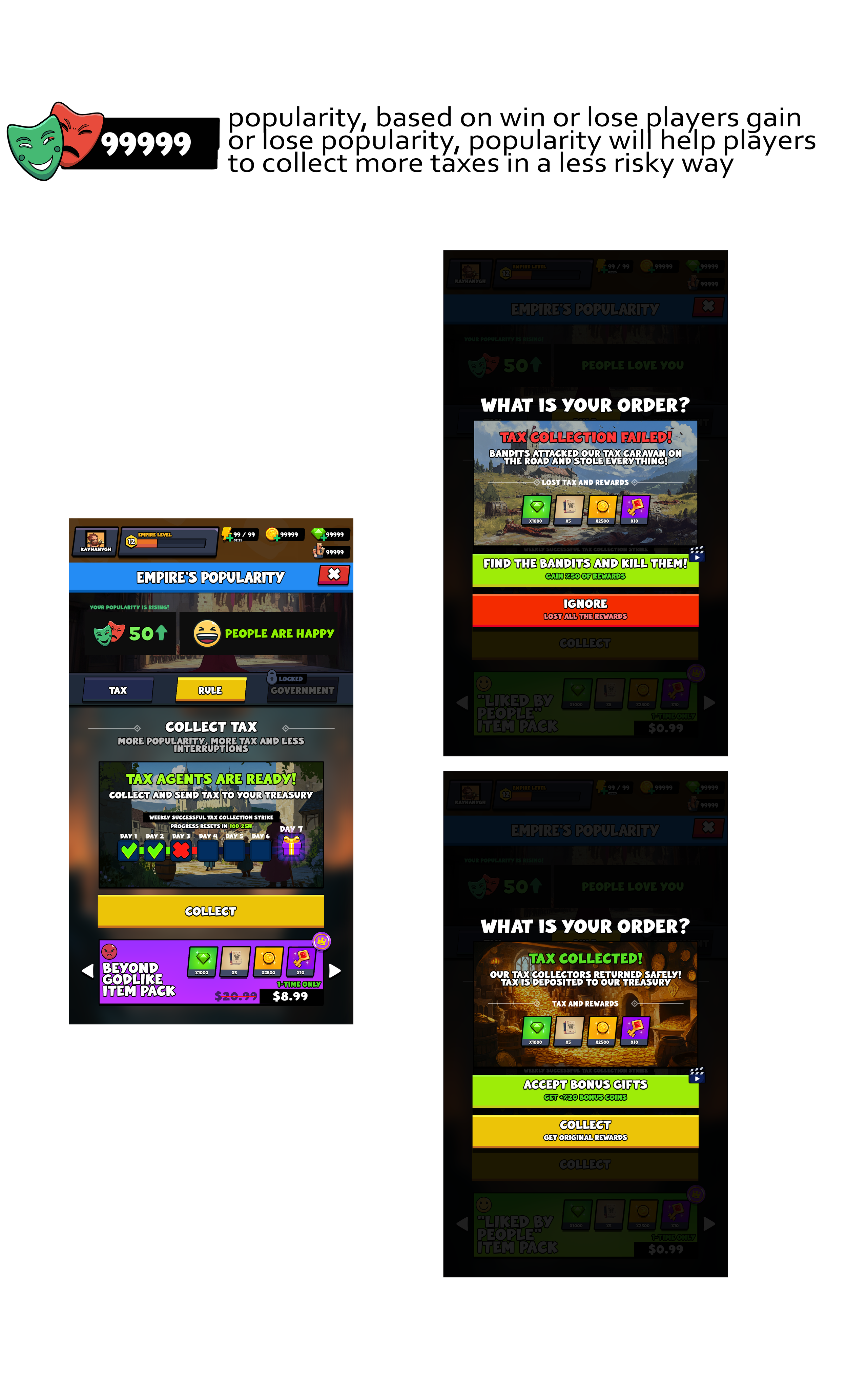 Screenshots of a mobile game interface showing tax collection scenarios, player popularity, and options to deal with bandits. Includes buttons for collecting taxes, purchasing item packs, and increasing popularity.