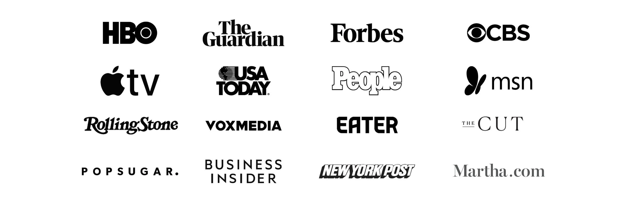 Array of logos from various media and news organizations, including HBO, The Guardian, Forbes, CBS, Apple TV, USA Today, People, MSN, Rolling Stone, VOX Media, Eater, The Cut, POPSUGAR, Business Insider, New York Post, and Martha.com.