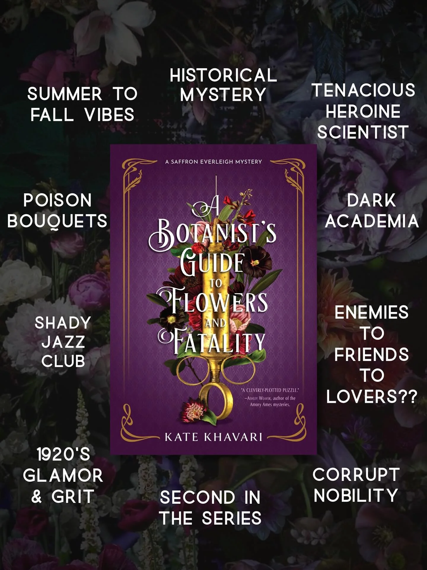 $1.99 today only!

A Botanist&rsquo;s Guide to Flowers and Fatality, the 2nd Saffron Everleigh Mystery, is full of:
Summer to fall vibes
Poison bouquets
Dark academia
Shady jazz club
1920s glamor &amp; grit
Tenacious heroine scientist
Enemies to frie