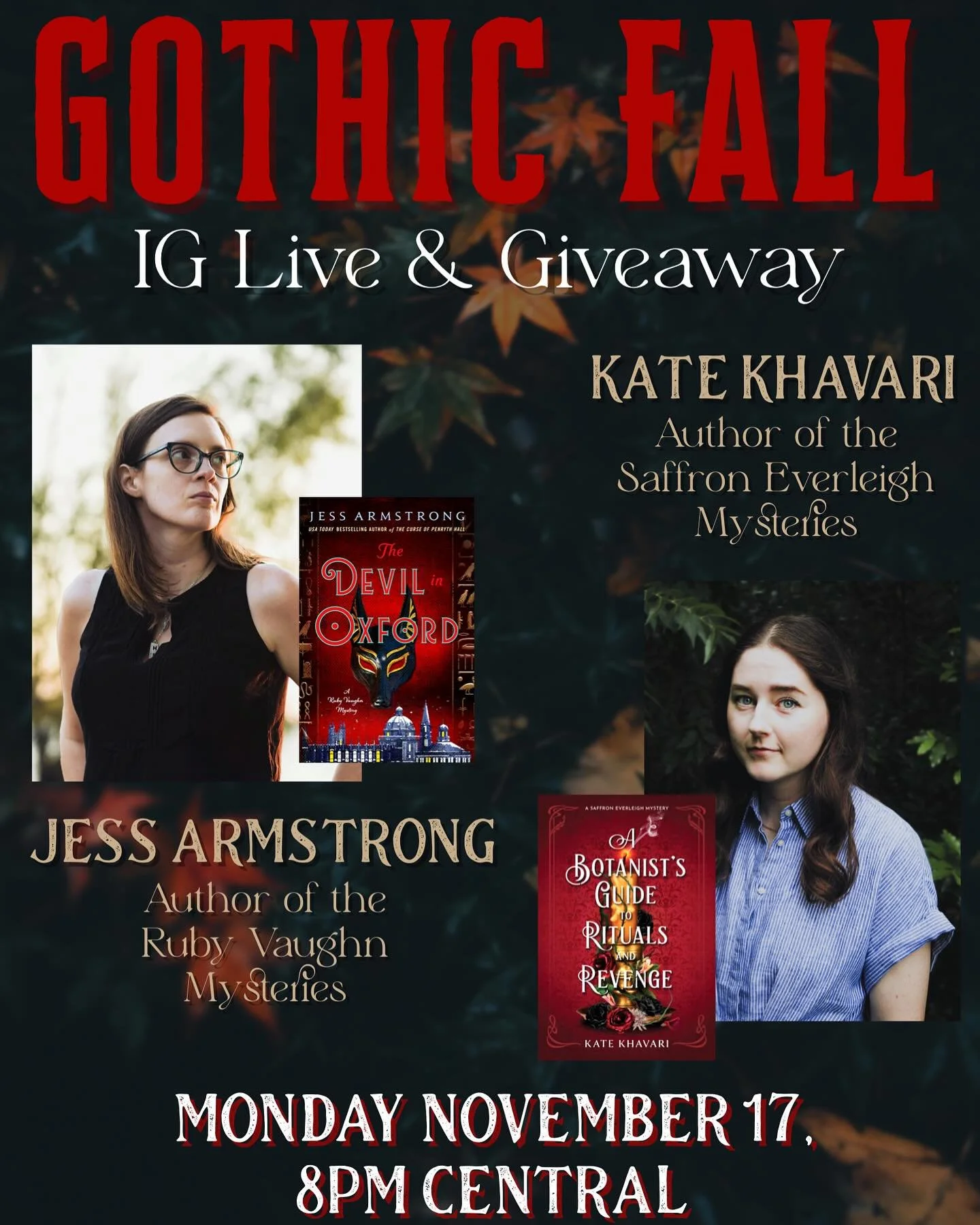 Join @jessl_armstrong and @authorkkhavari to chat about all things gloomy and gothic on Monday, November 17 at 8pm Central right here on IG live! There will be much unhinged writing talk and giveaways and maybe even we&rsquo;ll tell you about our lat