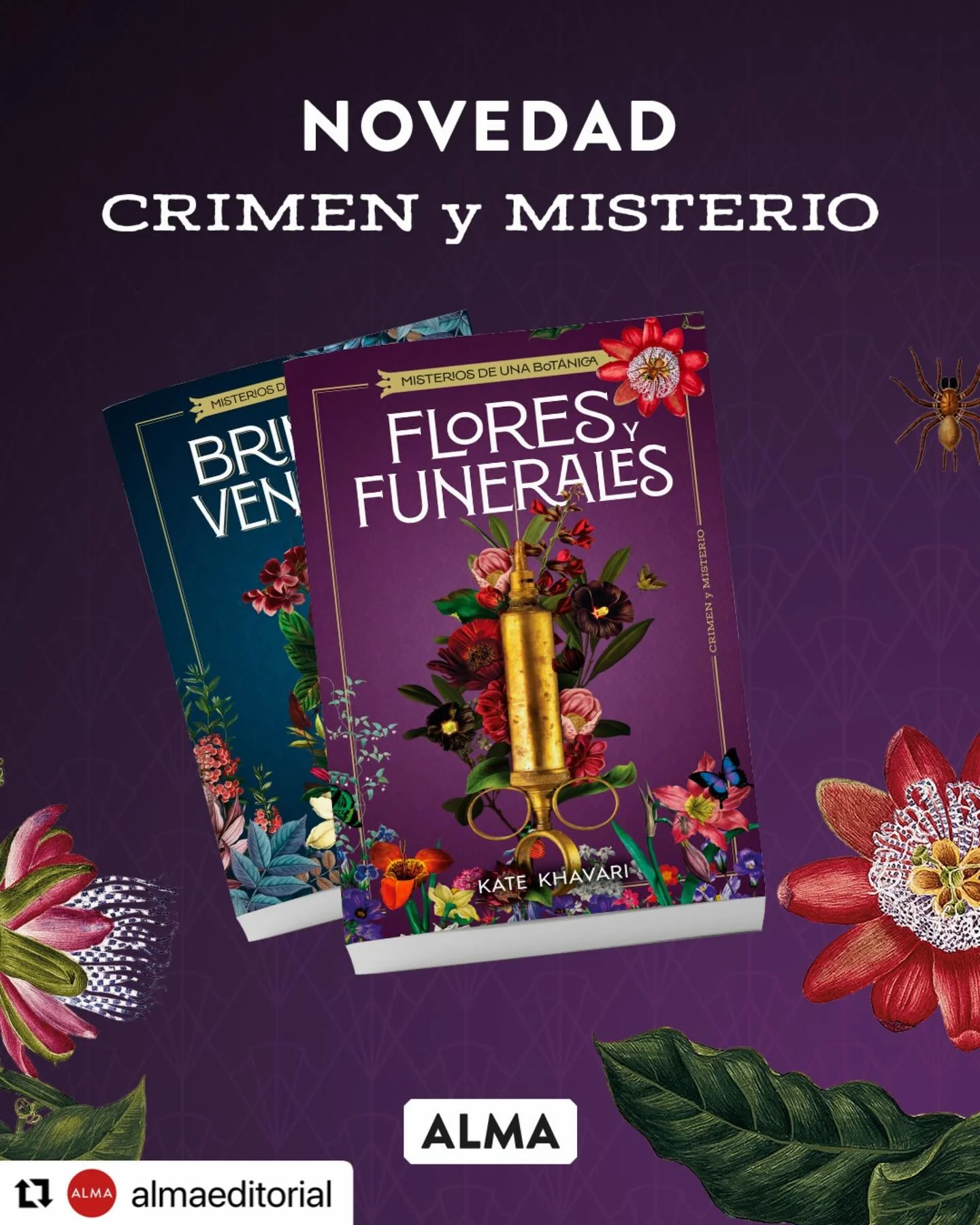 Gracias to @almaeditorial for bringing my Spanish translated second book into the world! She&rsquo;s a beauty!
・・・
Ya en librer&iacute;as &laquo;Flores y funerales&raquo; de @authorkkhavari, la segunda entrega de Misterios de una bot&aacute;nica. 🌸?