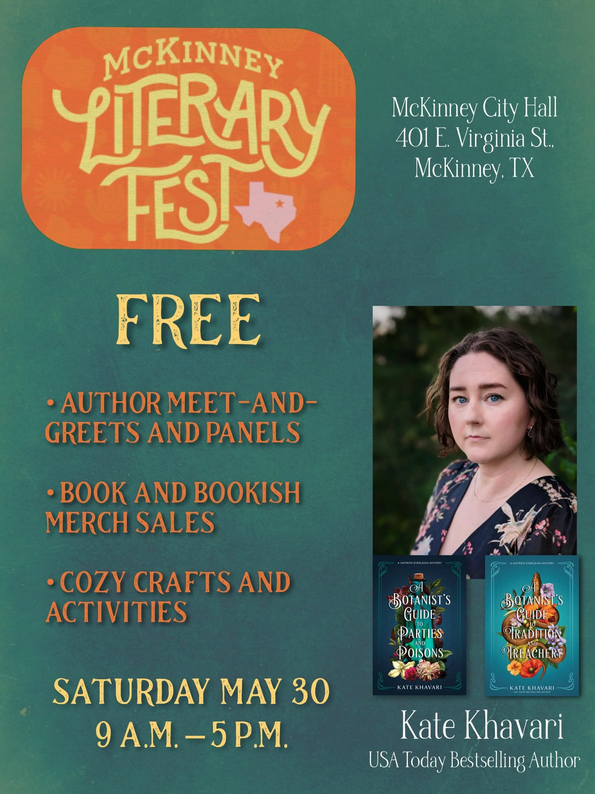 Join me and over thirty additional authors tomorrow at the McKinney Literary Festival! 

McKinney Literary Fest is a free, come-and-go event featuring a keynote speaker, author readings, panels, and opportunities to meet writers and browse books thro