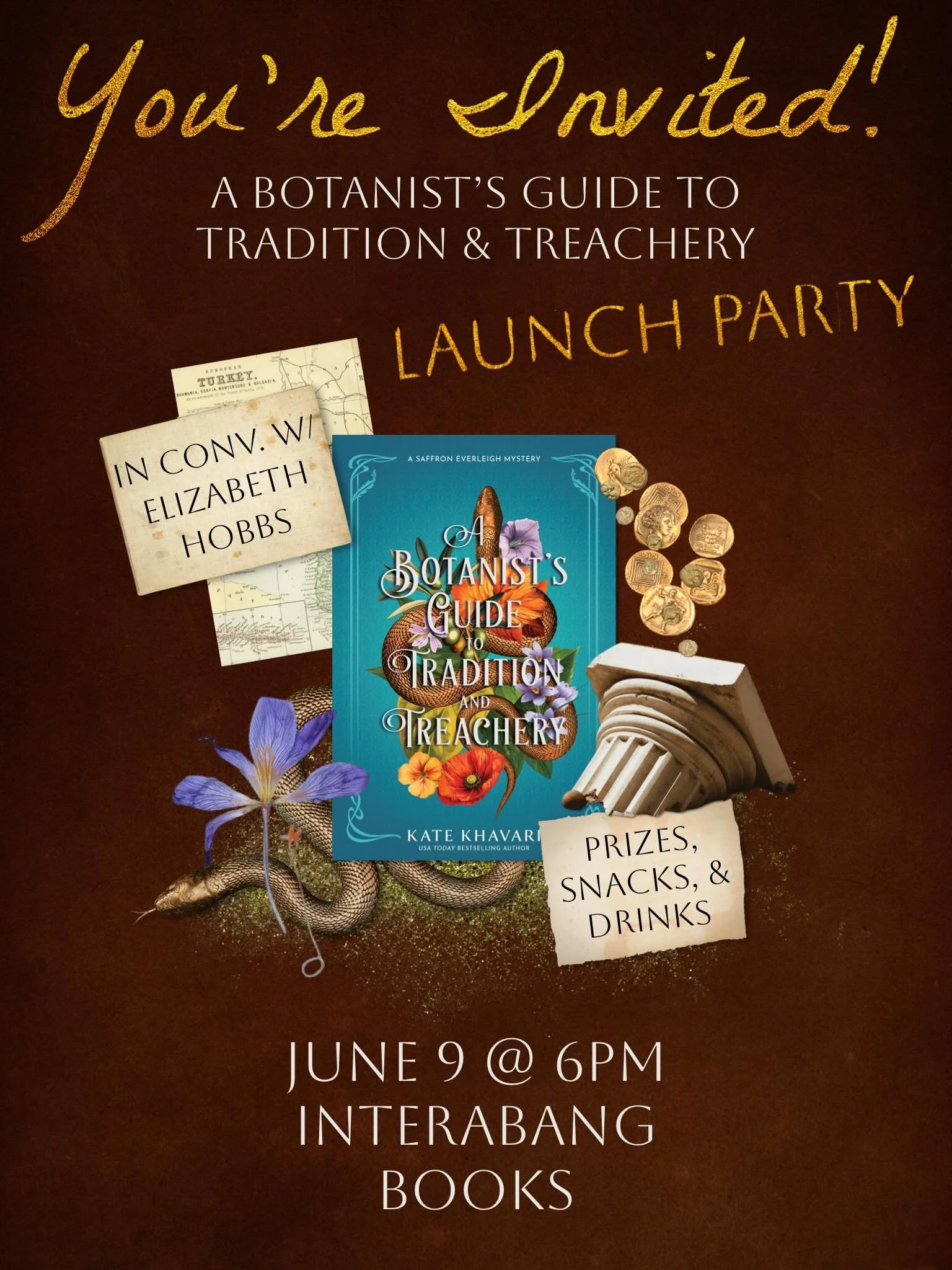 📣 DFW Book Community! You&rsquo;re invited
to the launch party of A Botanist&rsquo;s Guide to Tradition &amp; Treachery! 📣

Come to @interabangbooks this Tuesday, June 9 at 6pm to celebrate the release of my latest mystery with a book talk with @ho