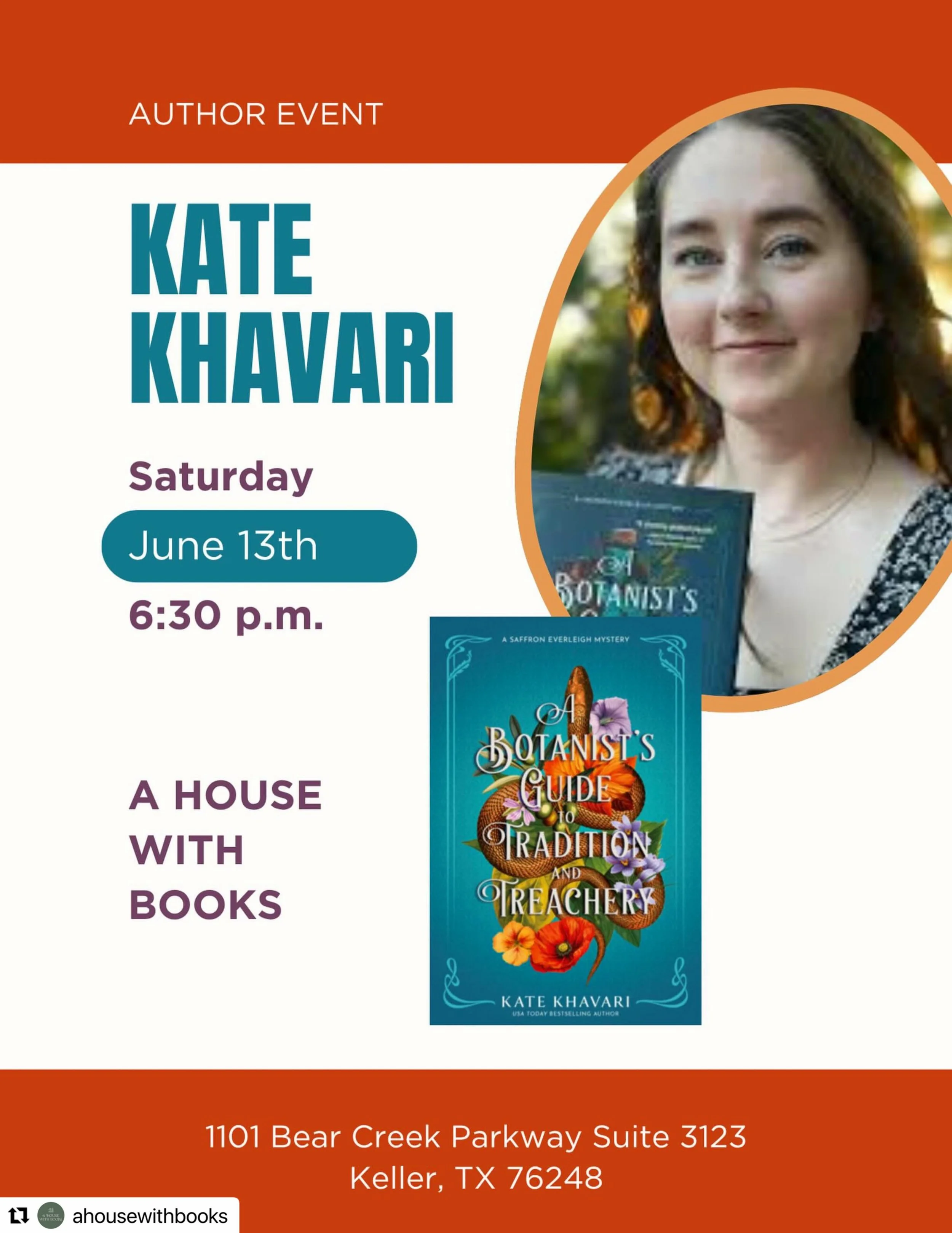 Can&rsquo;t wait to meet the folks at @ahousewithbooks and readers! 

#Repost @ahousewithbooks with @use.repost
・・・
Calling all cozy, historical mystery fans🌻🌺 USA Bestselling Author and DFW local @authorkkhavari will be joining us for a very speci