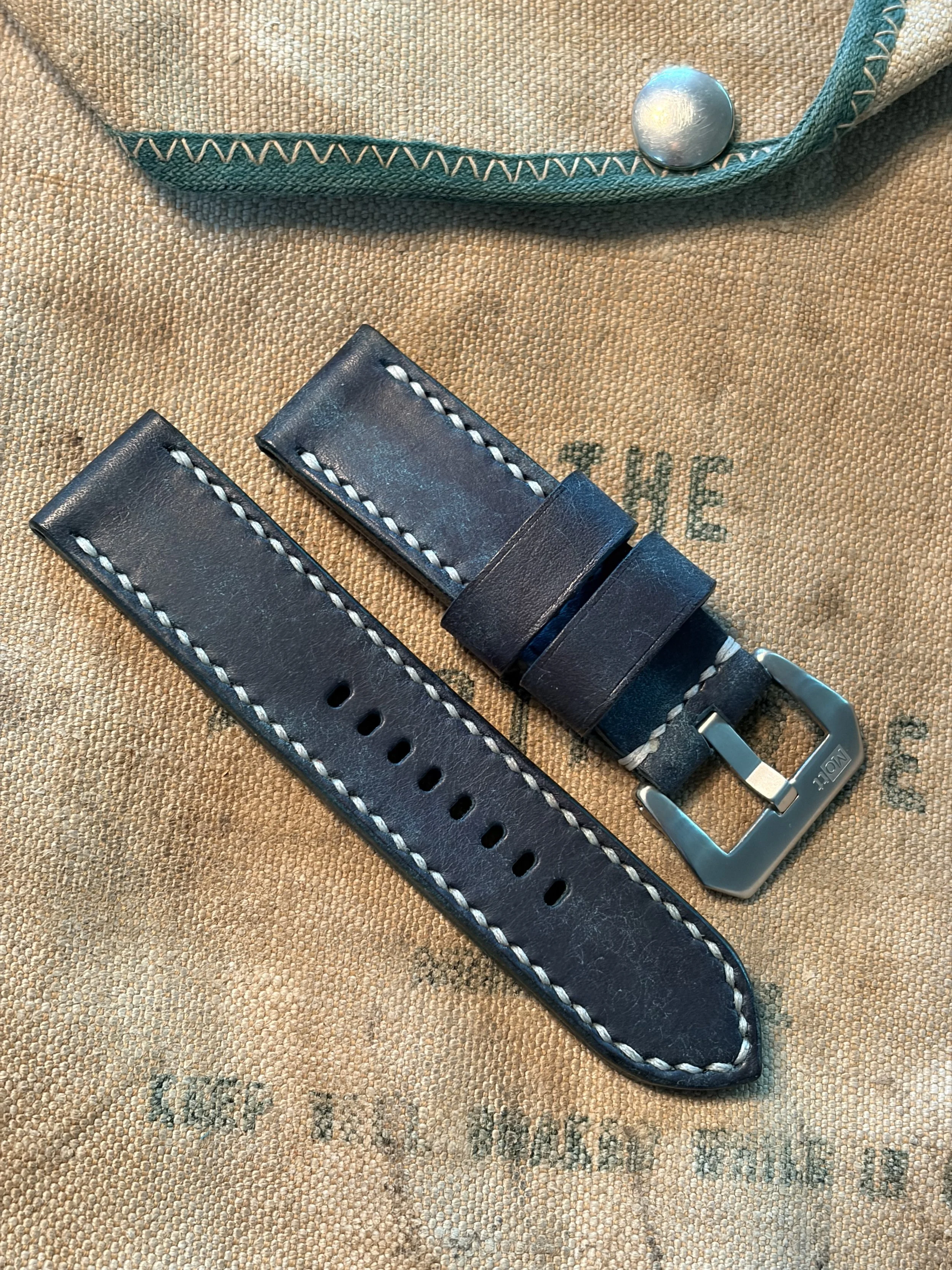 24mm Sapphire Blue Handmade Leather Watch Strap Silver stitch Panerai ~80/130