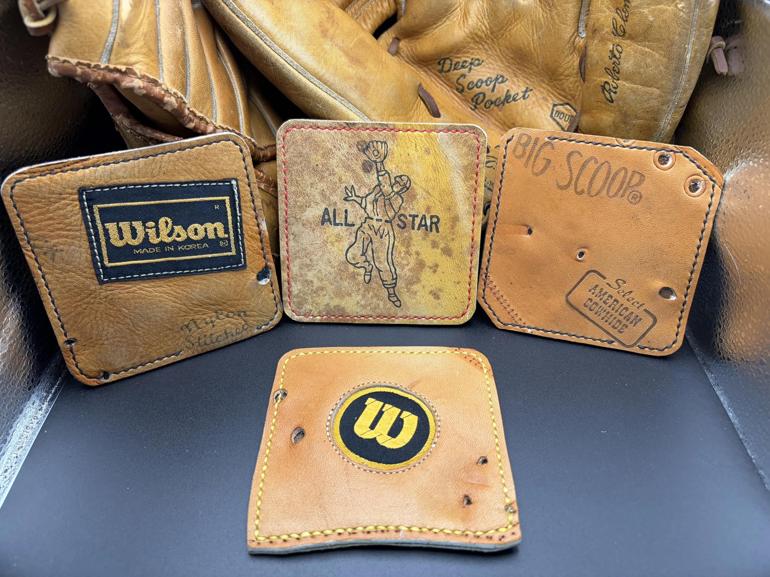 Baseball Glove Leather Coasters Handmade Set of Four: Wilson, All Star, Big Scoop