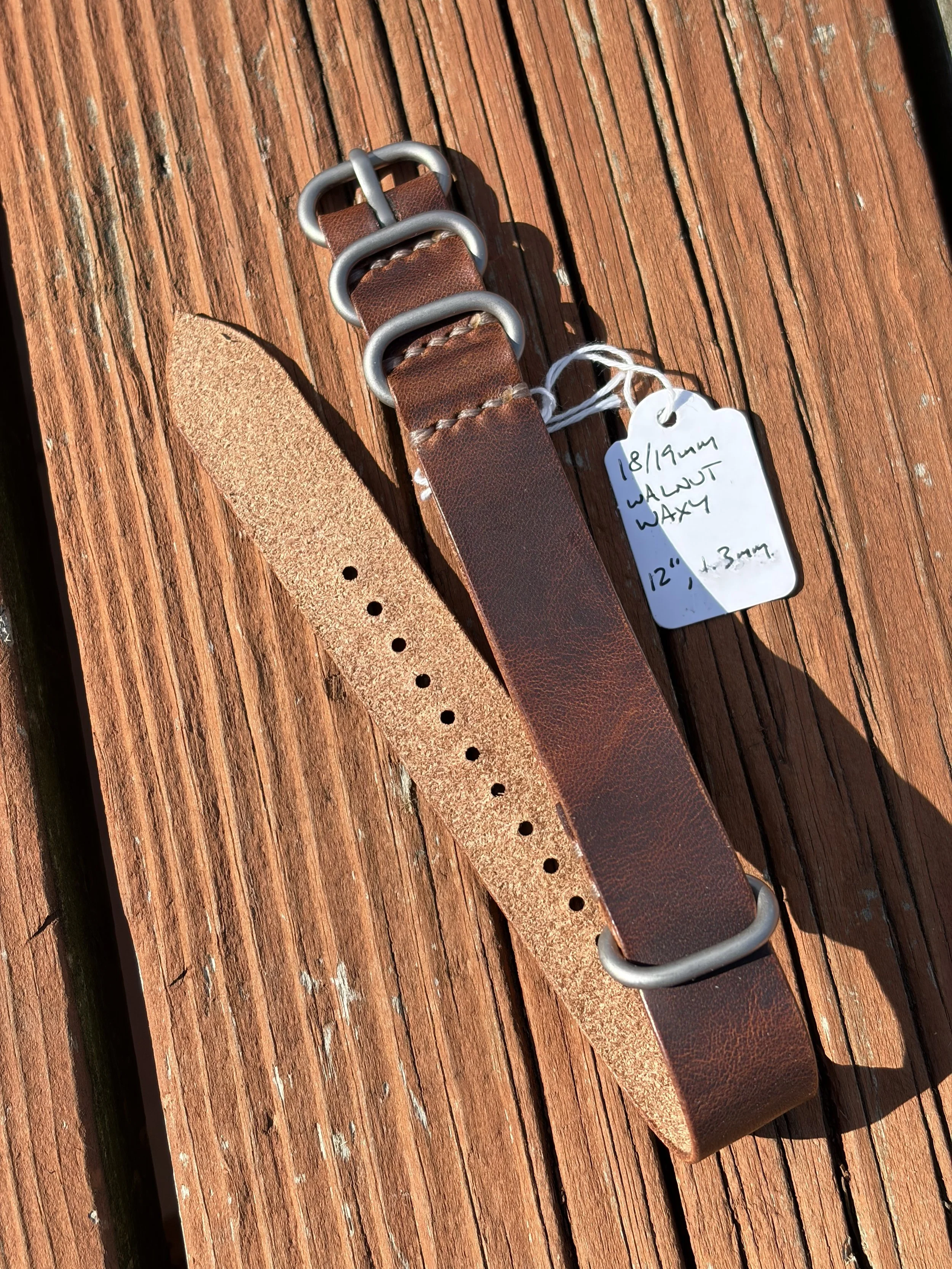 18mm Walnut Brown Waxy Leather Military G-10 pass through watch strap 12 inch 
