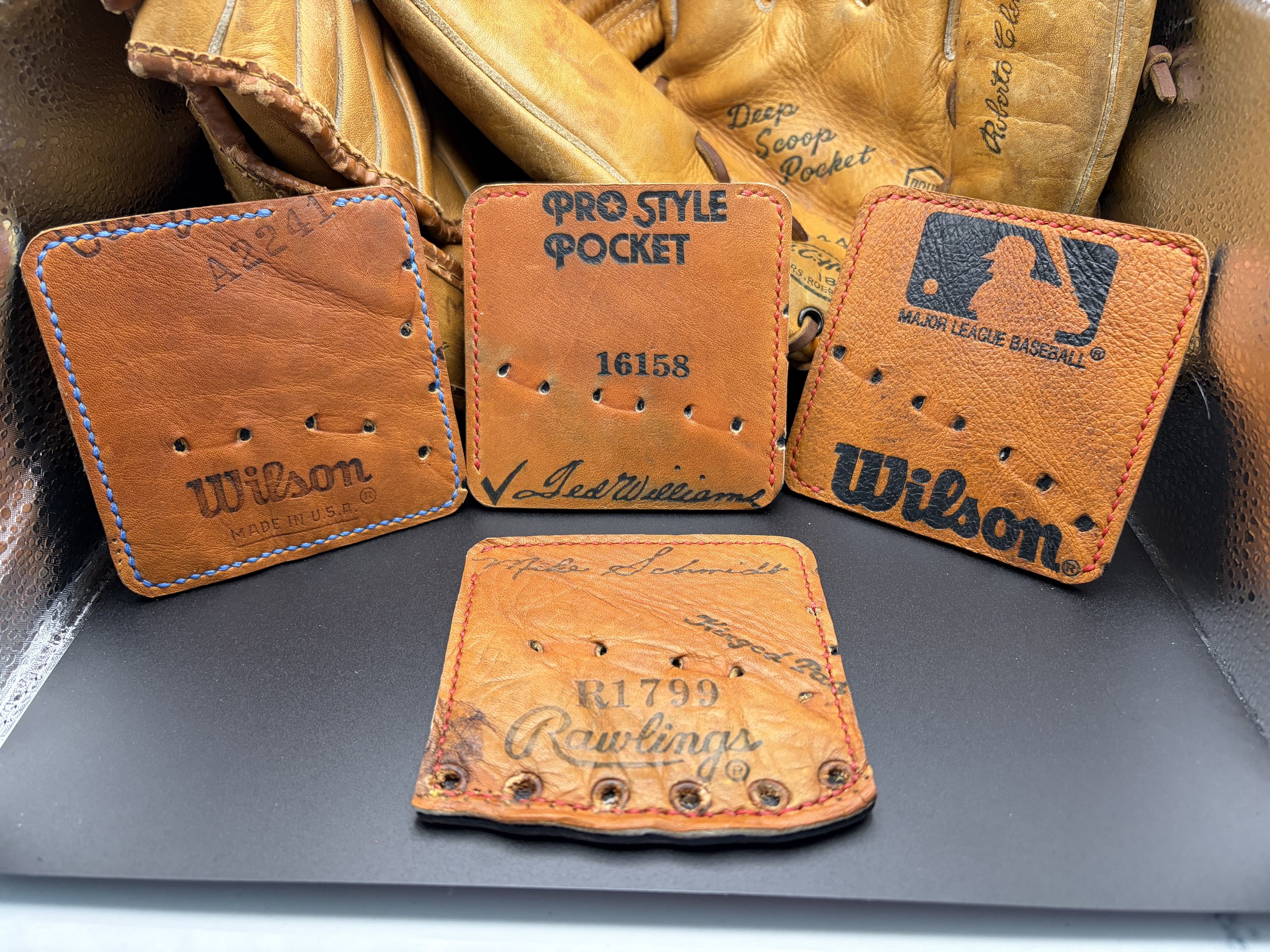 Baseball Glove Leather Coasters Handmade Set of Four: Ted Williams, Mike Schmidt, Wilson Made in USA