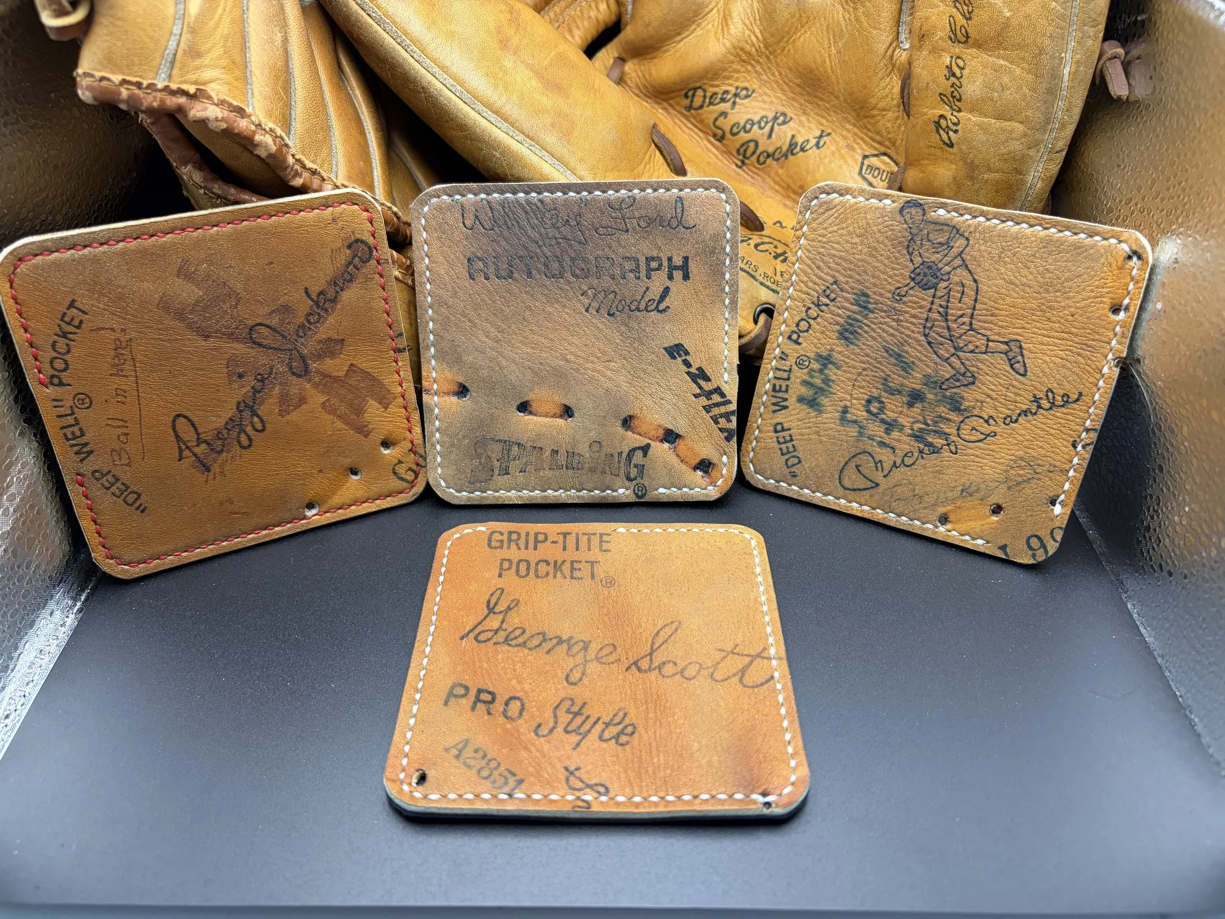 Baseball Glove Leather Coasters Handmade Set of Four: Yankees Mickey Mantle, Jackson, Whitey Ford, George Scott