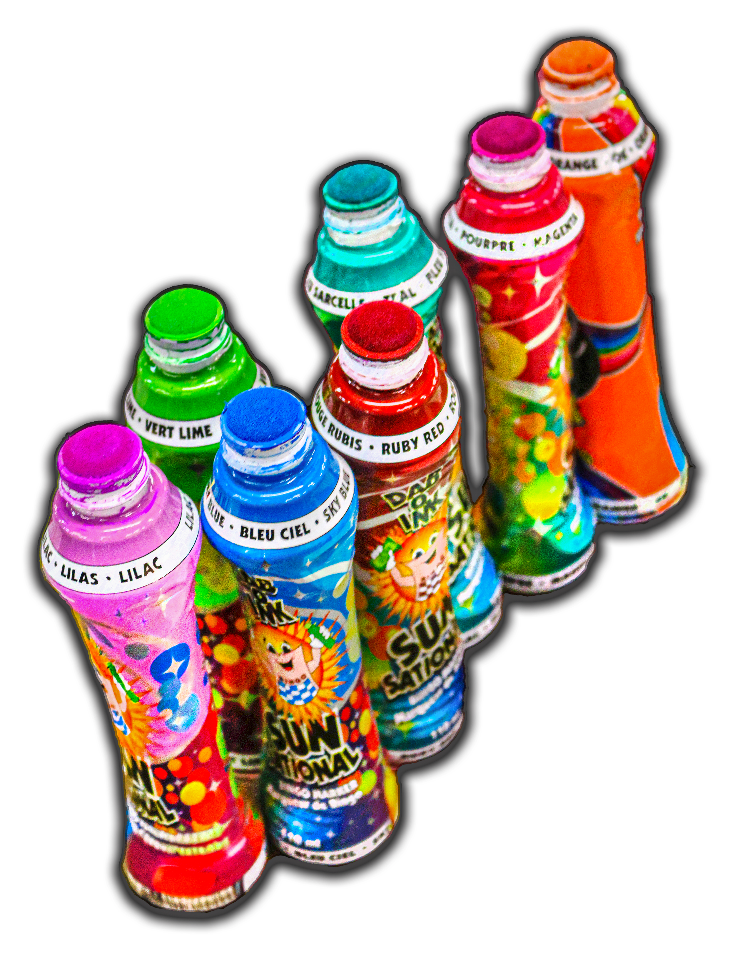 A row of colorful firework tubes with various labels and designs, standing against a black background.