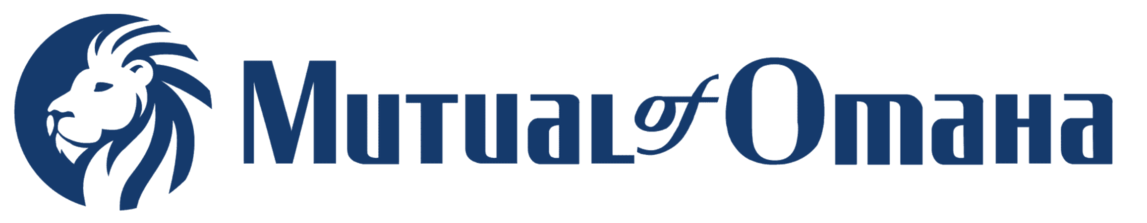 Logo for Mutual of Omaha featuring a stylized lion's head in a circular design and the company name in dark blue text
