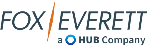 Logo for Fox Everett, a HUB company, featuring the name in uppercase with a vertical orange slash between the words.
