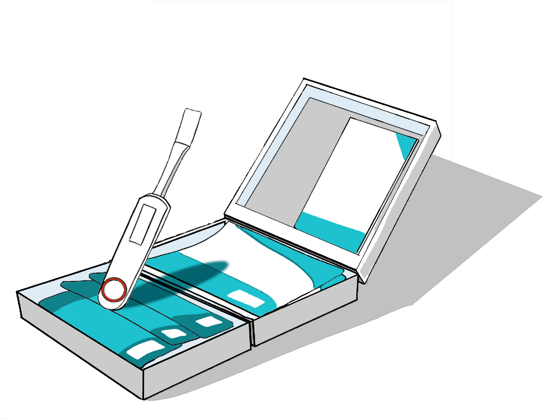 Medical X-ray machine with film, a digital reader, and light box on a table.