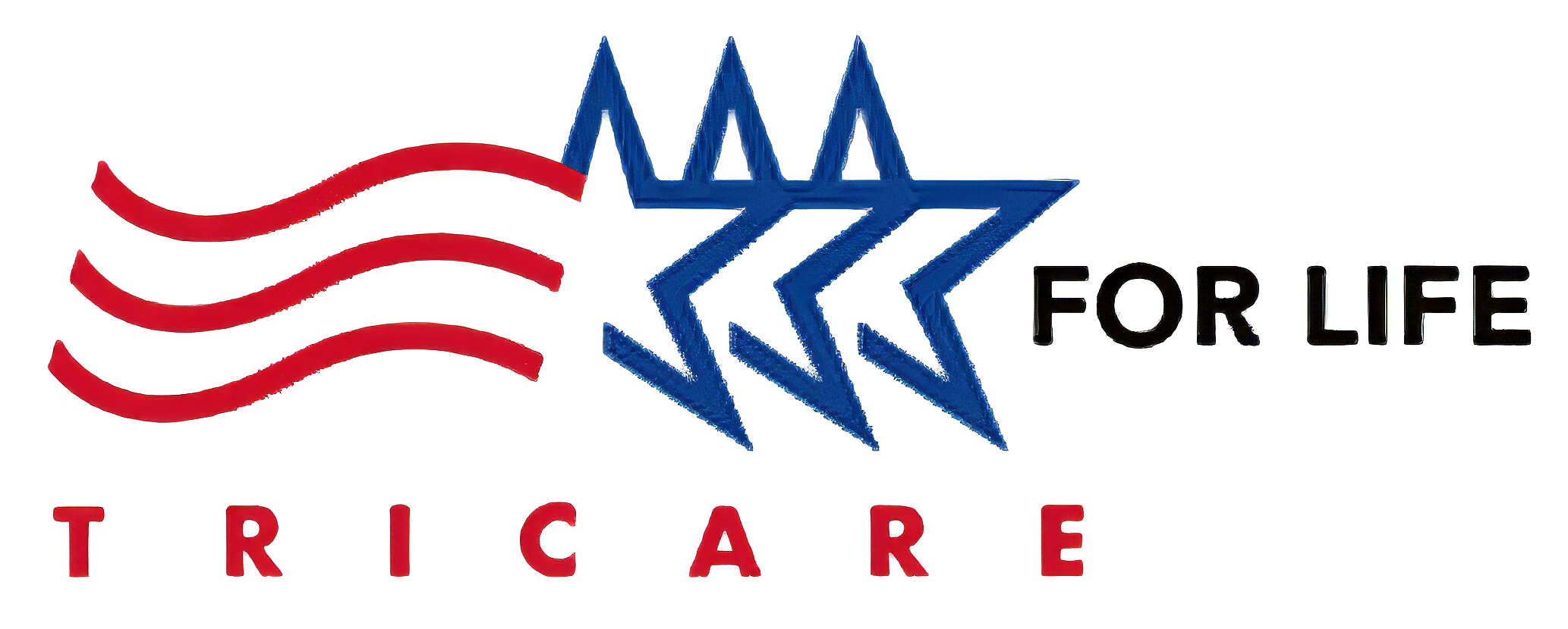Logo with three red wavy lines on the left, three blue stars in the center, and the words "FOR LIFE IRICARE" on the right.