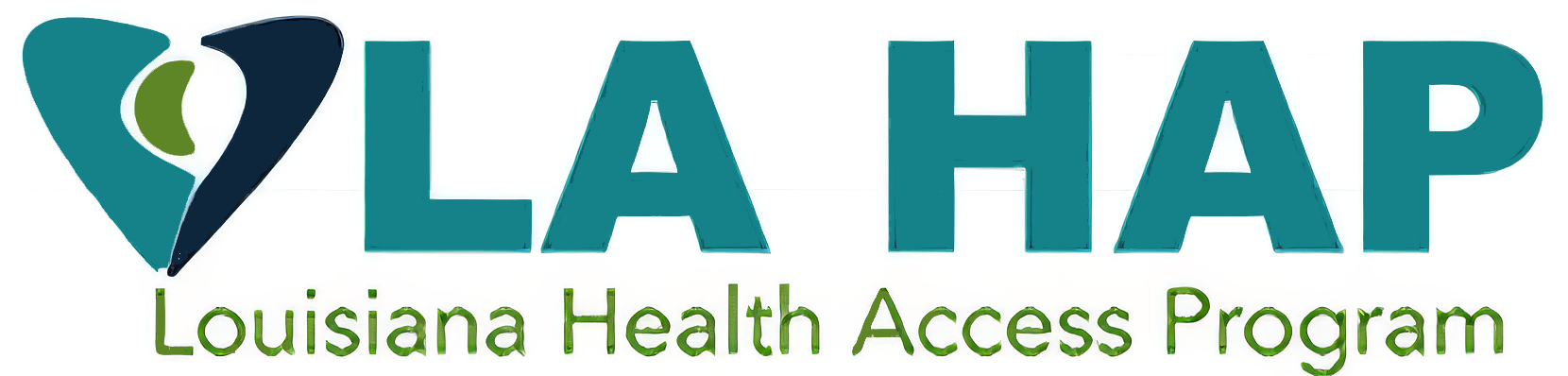 Logo of LA HAP, Louisiana Health Access Program, featuring a stylized heart with a green and navy blue design, accompanied by the text 'LA HAP' in large teal letters and 'Louisiana Health Access Program' in smaller green text.