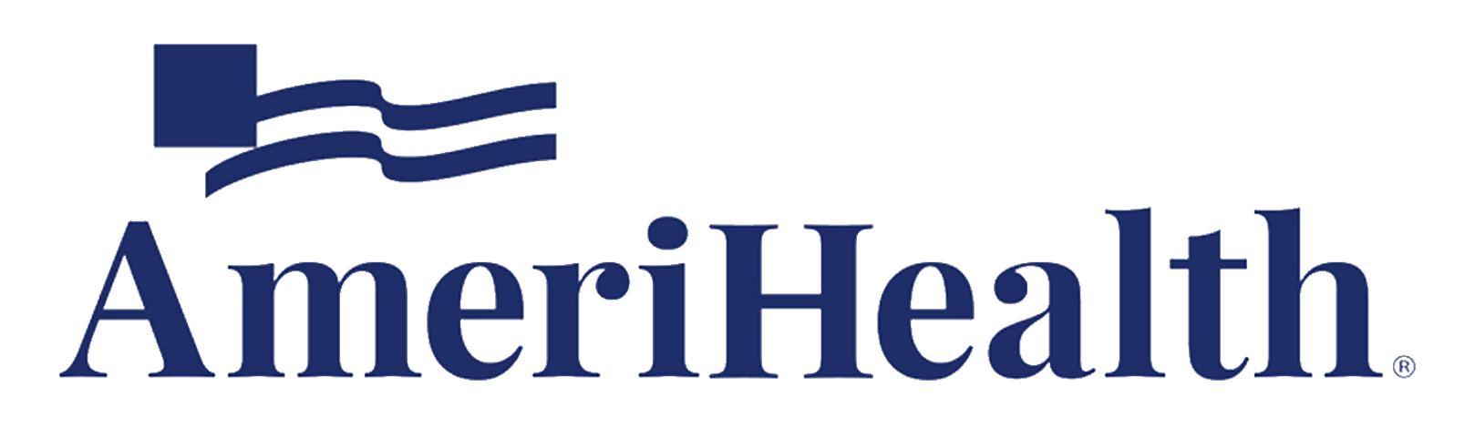 Logo of AmeriHealth with stylized blue and gray design and the brand name in blue letters.