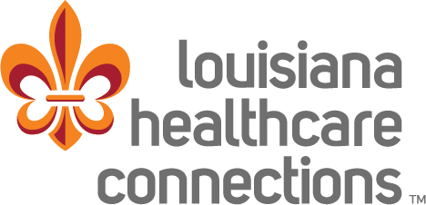 Louisiana Healthcare Connections logo with an orange fleur-de-lis symbol and gray text.