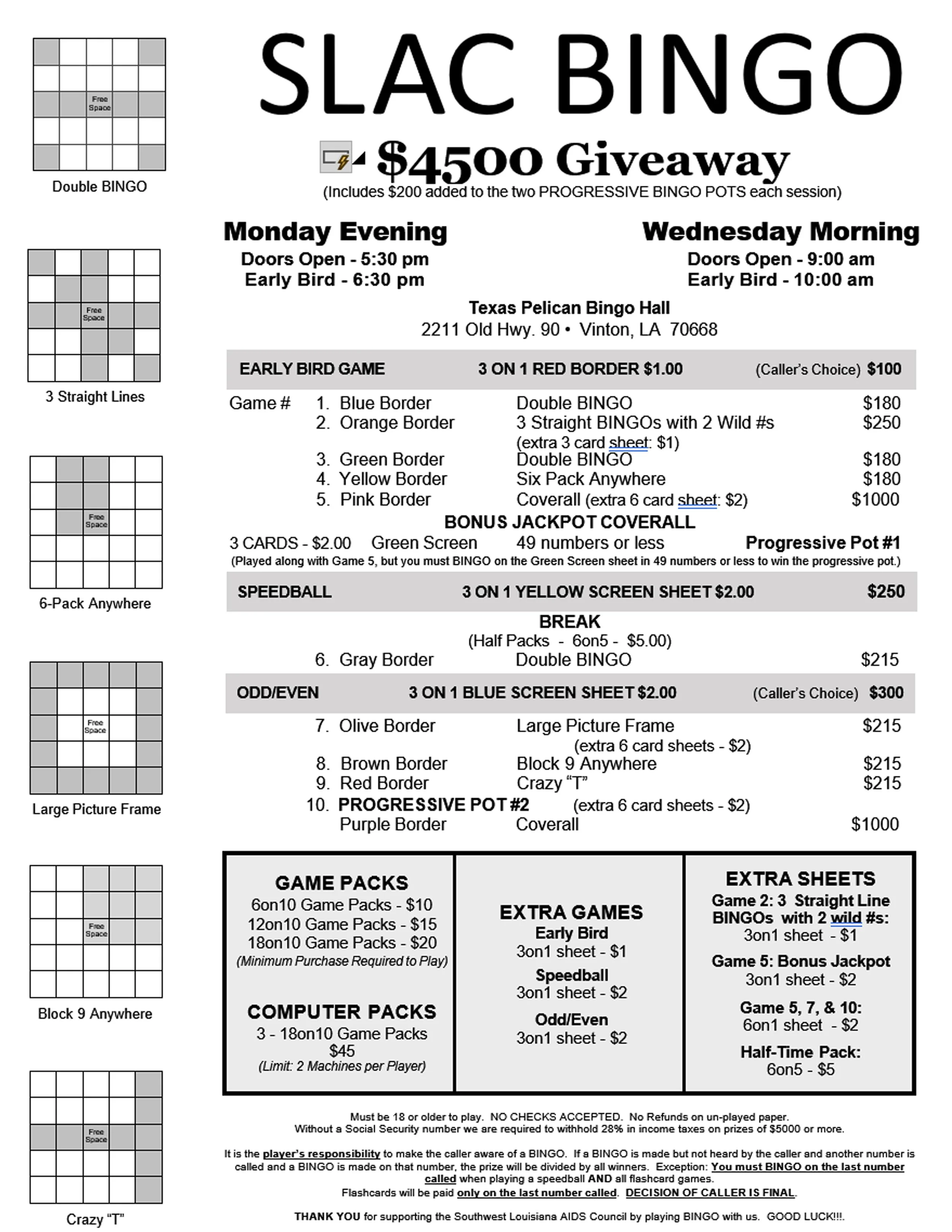 A Bingo event flyer with details about a $4500 giveaway, game schedules, and different Bingo game options, including images of Bingo cards and game formats.